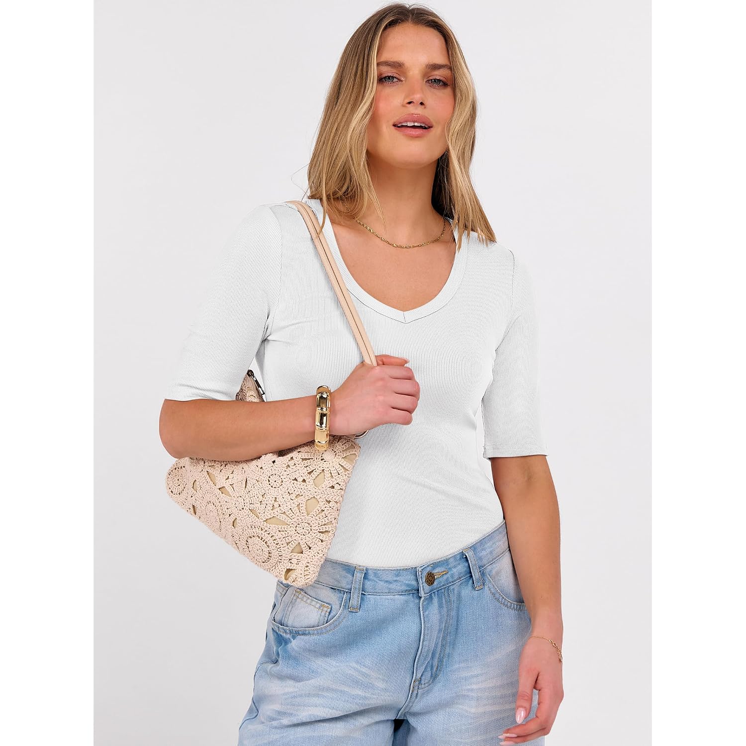 Anrabess Womens Half Sleeve Tops V Neck Ribbed Knit Slim Fit Basic T Shirts 2026 Summer Casual Tees Spring Trendy Clothes