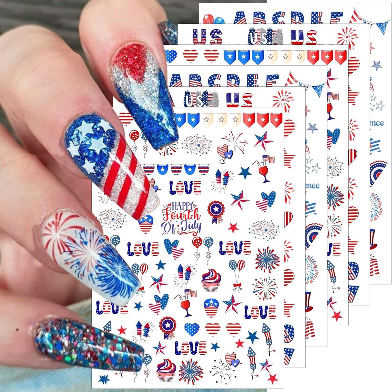 6 Sheets 4th of July Nail Stickers for Nail Art 3D Self Adhesive Independence Day Nail Art Stickers American Flag Stars Letters Fireworks Nail Decals Fourth of July Design Sticker for Women