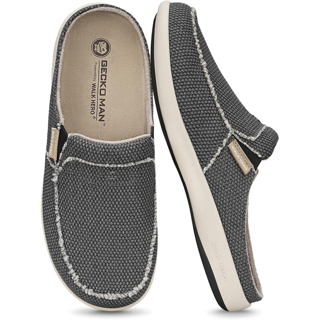 Mens Slippers With Arch Support, Canvas House Slipper For Men With Velvet Lining, Slip On Clog, Indoor Outdoor House Shoes With Anti-Skid Rubber Sole