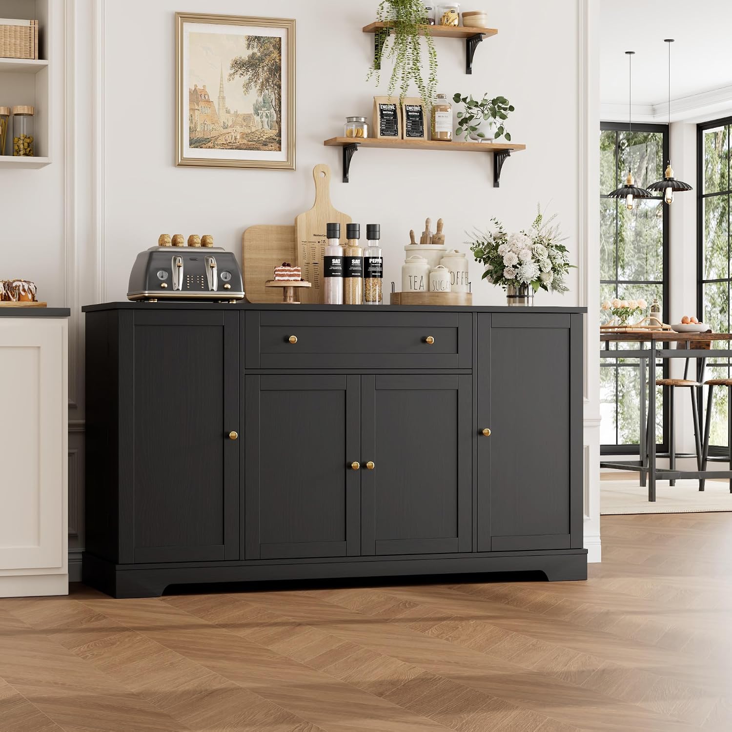 Hostack 54"W Kitchen Buffet Cabinet With Storage, Coffee Bar Cabinet, Black | Dual Swing-Out Door Racks, Large Drawer & Adjustable Shelves, Modern Sideboard Storage Cabinet For Dining Room, Living Room