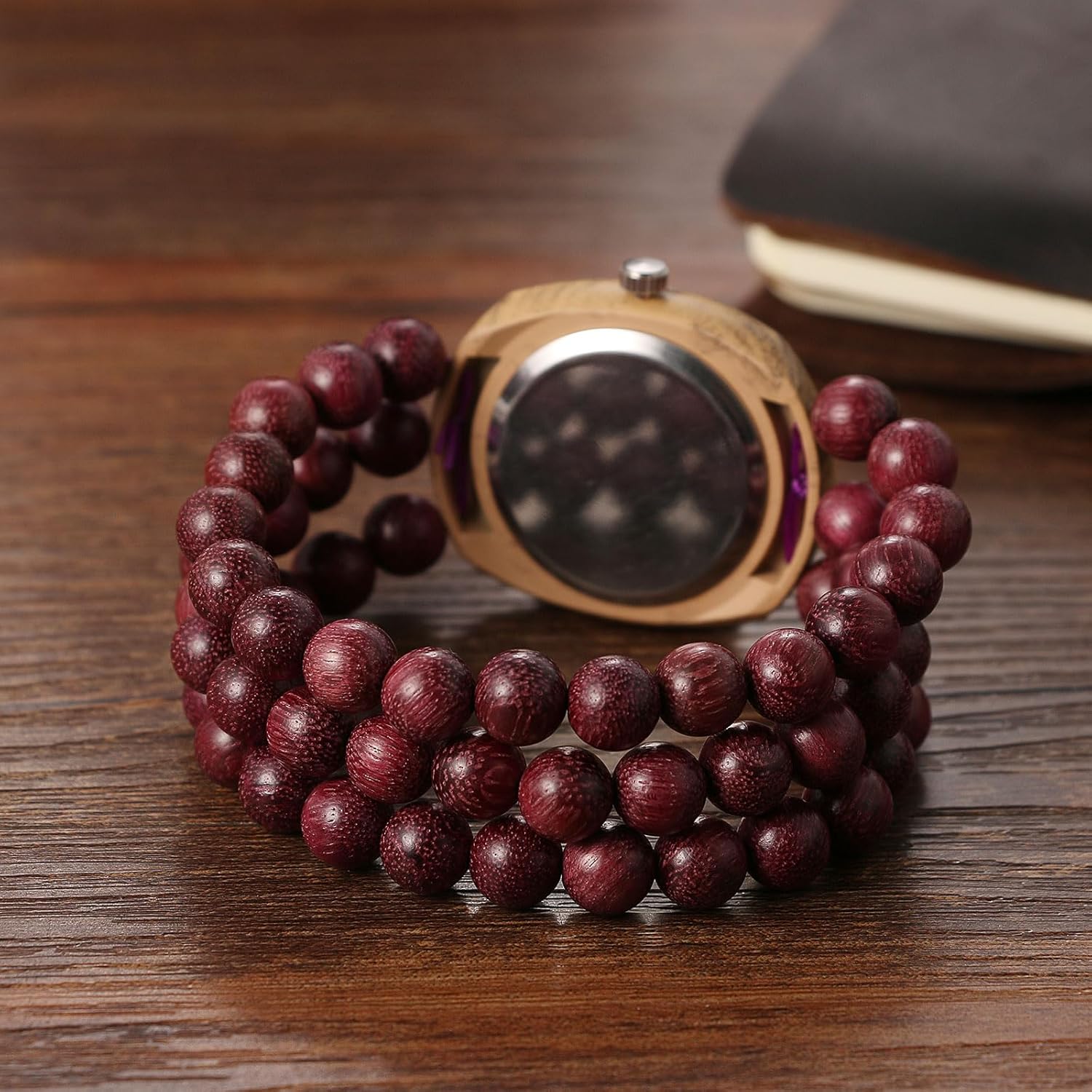 Avaner Women's Elastic Wrist Watches: Wooden Beaded Stretch Strap Handmade Analog Quartz Arabic Numerals Beads Bracelet Watch