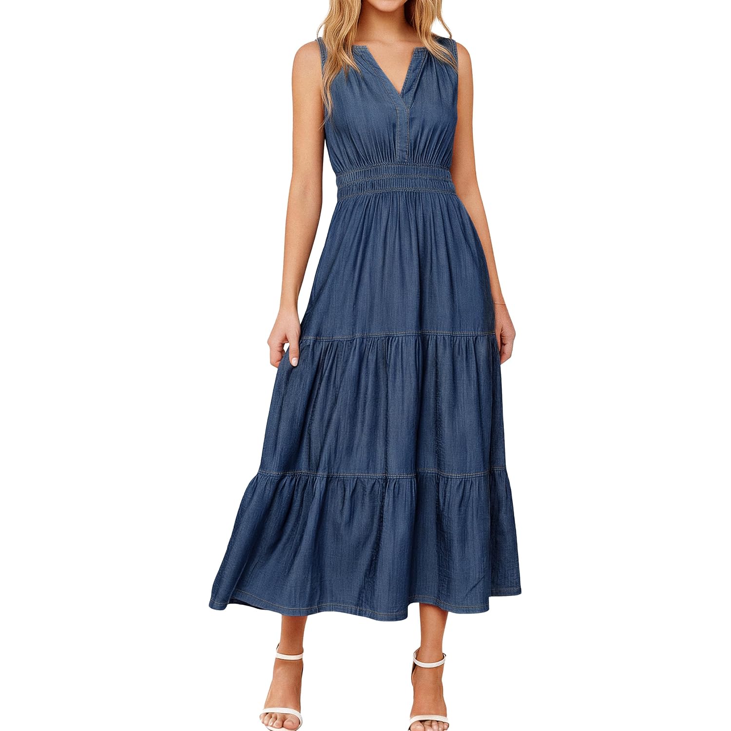Berrygo Womens Denim Dress Sleeveless Jean Maxi Dress Empire Waist Flowy A Line Cowgirl Country Soft Chambray With Pockets