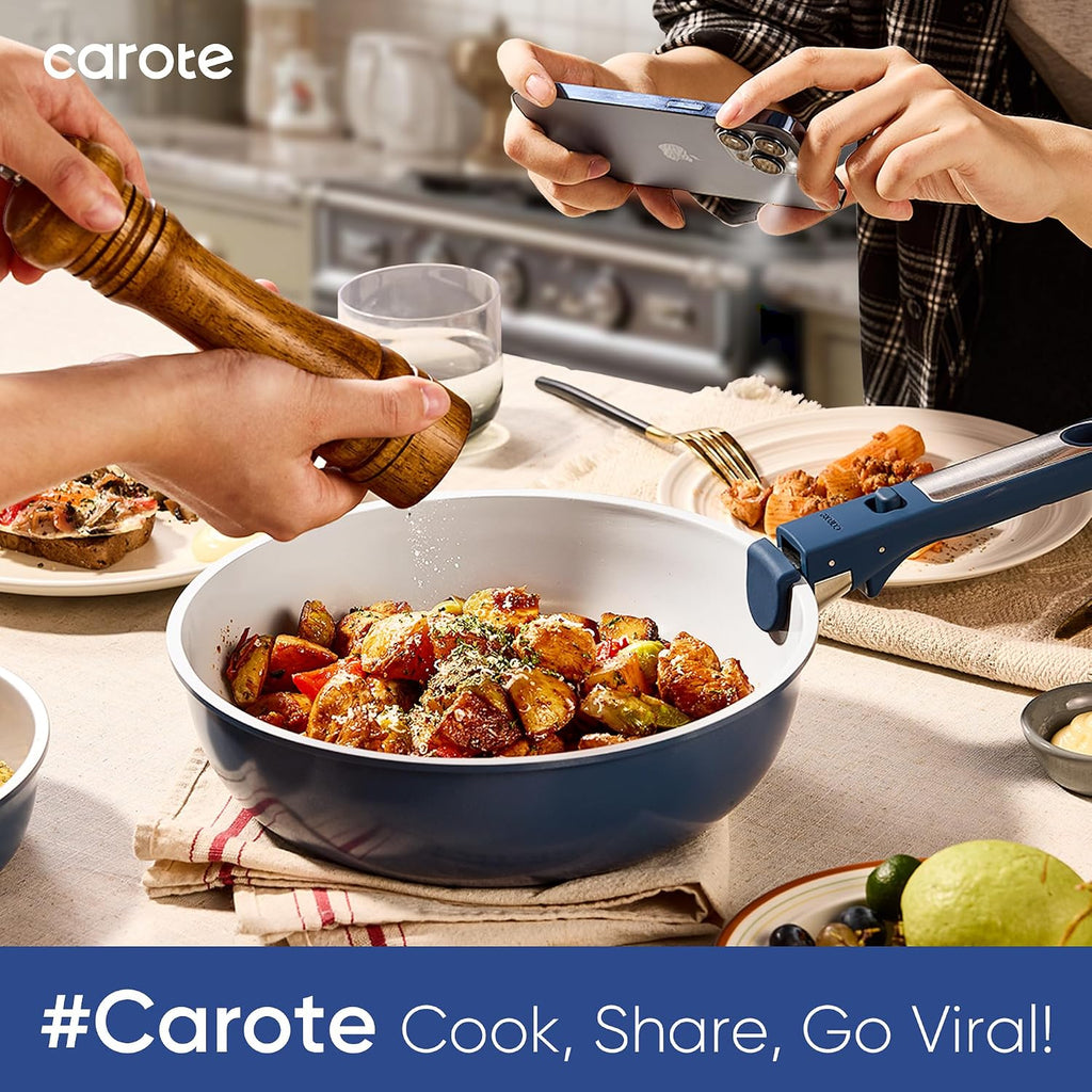 Carote 27Pcs Ceramic Cookware Set Nonstick, Pots And Pans Set Non Stick, Non Toxic Cookware Detachable Handles, Dishwasher/Oven Safe, Rv/Camping Cookware With Kitchen Utensils, Blue