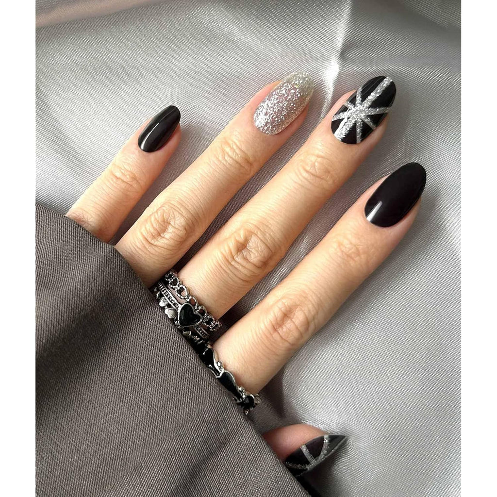 Nail Polish Strips (No UV Lamp Needed) - 22 Pcs Salon Quality Gel Nail Stickers - Long Lasting Wraps (Saint Black Glitter)