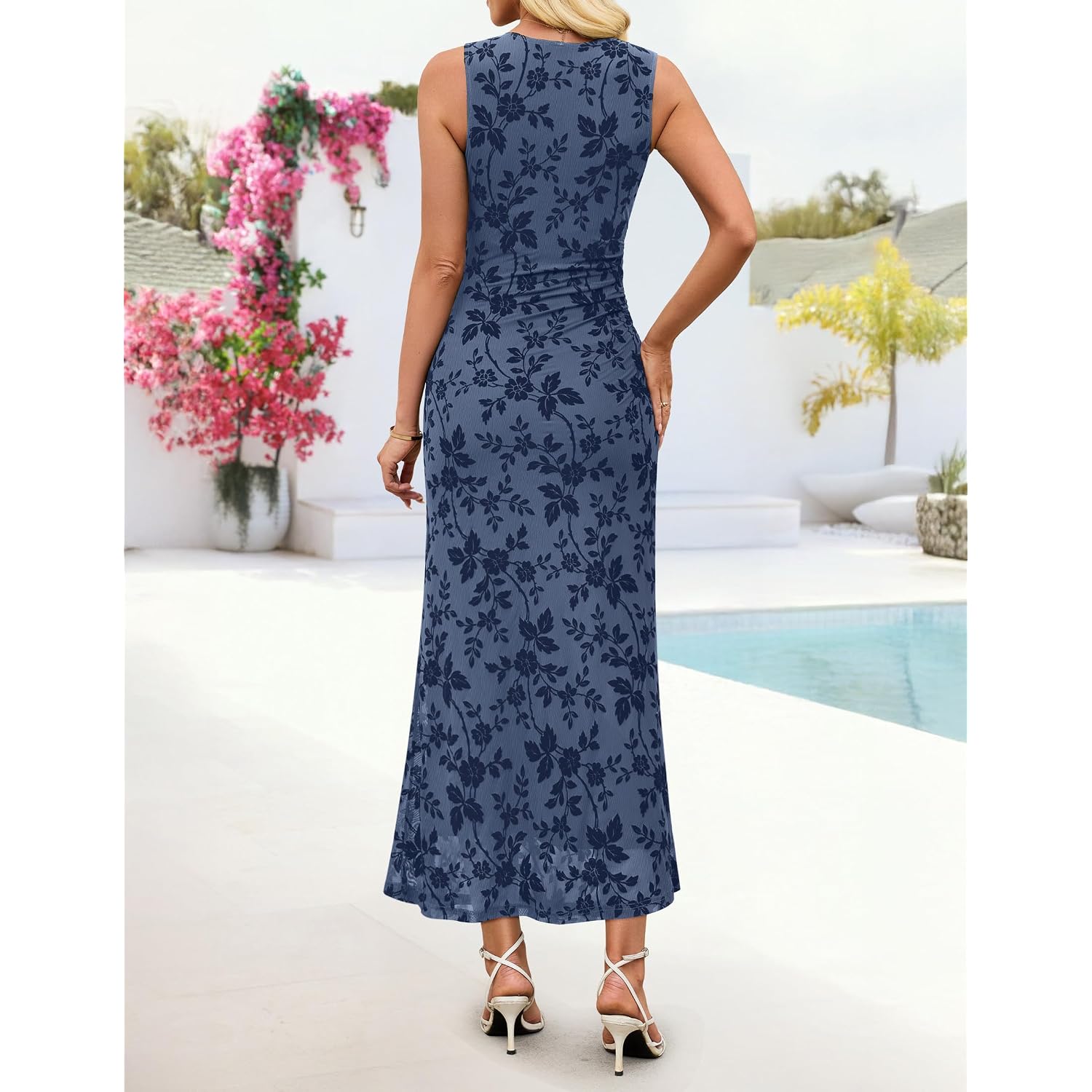 Zesica Women'S Sleeveless Floral Bodycon Maxi Dress 2026 Summer Ruched Mesh Wedding Guest Cocktail Party Dresses