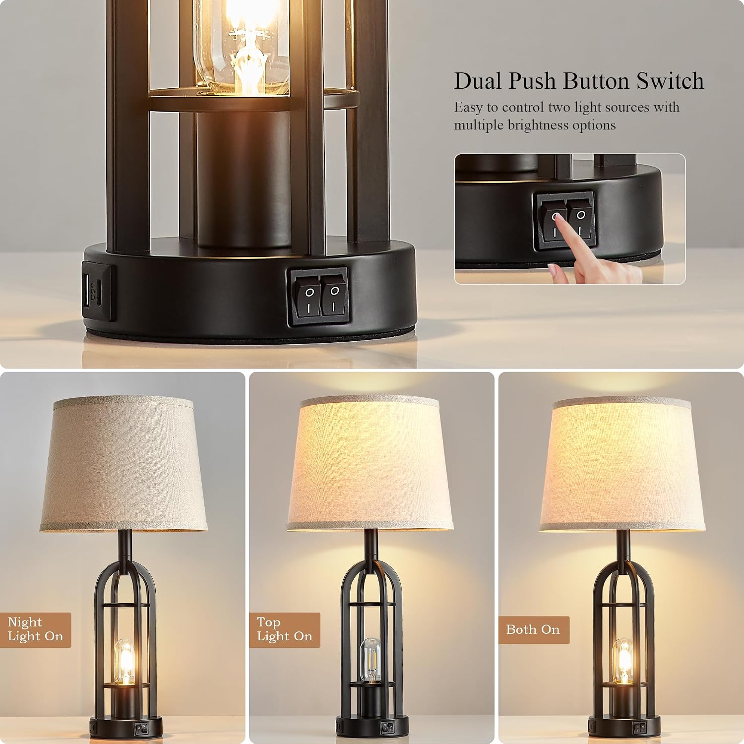 Srjja Black Table Lamps For Living Room Set Of 2 - Farmhouse Lamps For Night Stands With Usb A+C, Bedside Lamps For Bedroom, 24'' Industrial Lamp For Living Room End Tables