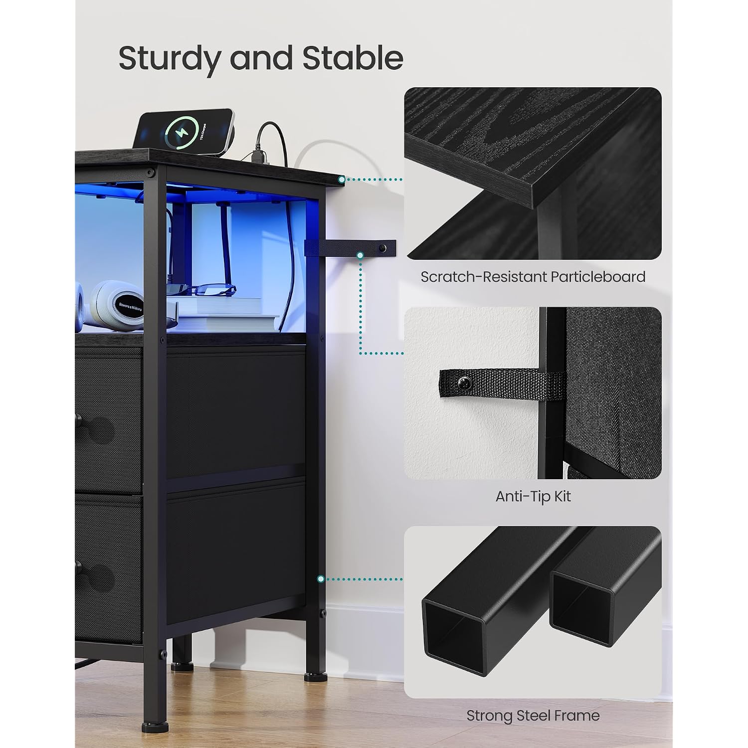 Songmics Side Table With Led Light, Narrow End Table With 2 Drawers, Nightstand With Charging Station, Bedside Tables For Small Space, Living Room, Bedroom, Ink Black, Bellah Collection Ulgs002B101