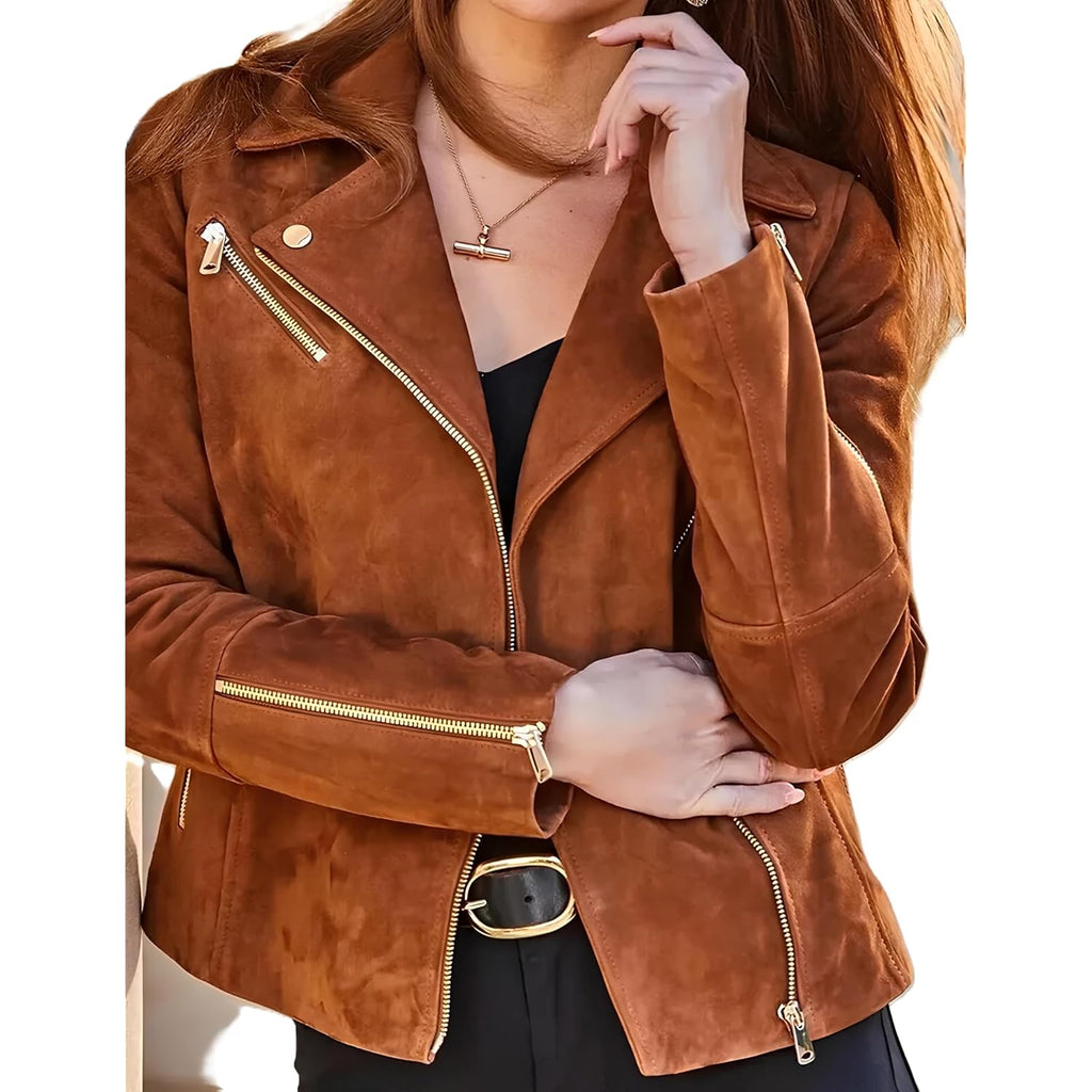Women'S Suede Leather Jacket Genuine Leather Western Fashion Jackets Brown Vintage Retro Style #01
