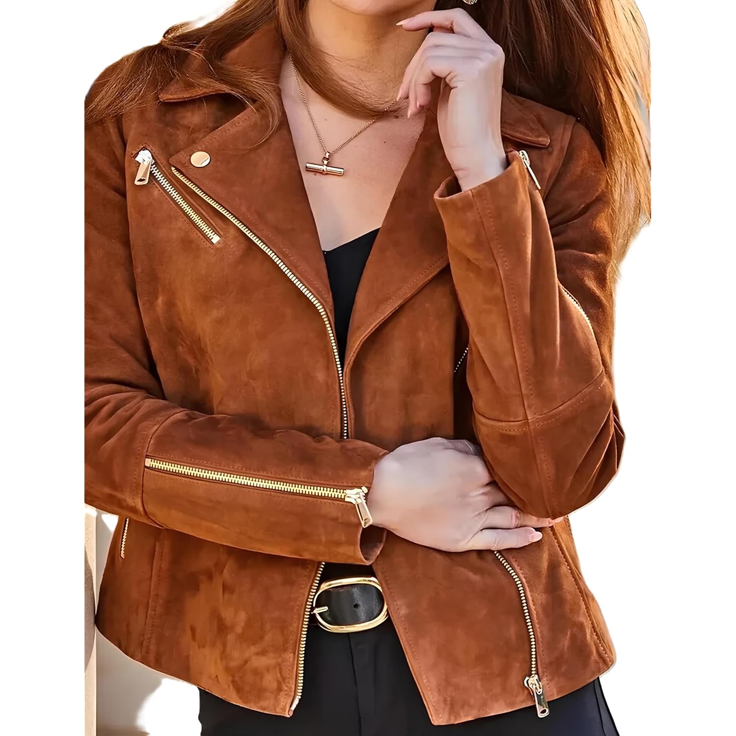 Women'S Suede Leather Jacket Genuine Leather Western Fashion Jackets Brown Vintage Retro Style #01