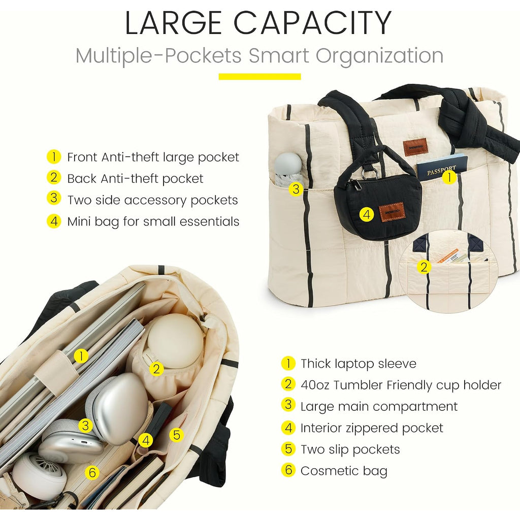Showkoo Puffer Tote Bag For Women, Lightweight Quilted Tote Handbag With Mini Pouch, Nurse Bag For Travel College & Daily Use
