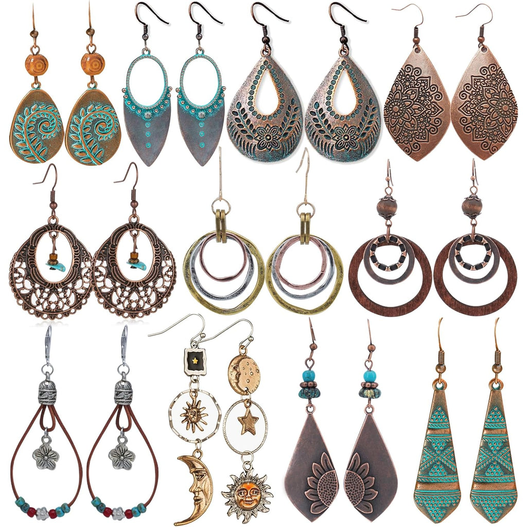 11 Pairs Vintage Drop Dangle Earrings for Women Boho Earring Jewelry Set Retro Flower Dangly Earring Teardrop Sun and Moon Earrings for Mother's Day Christmas