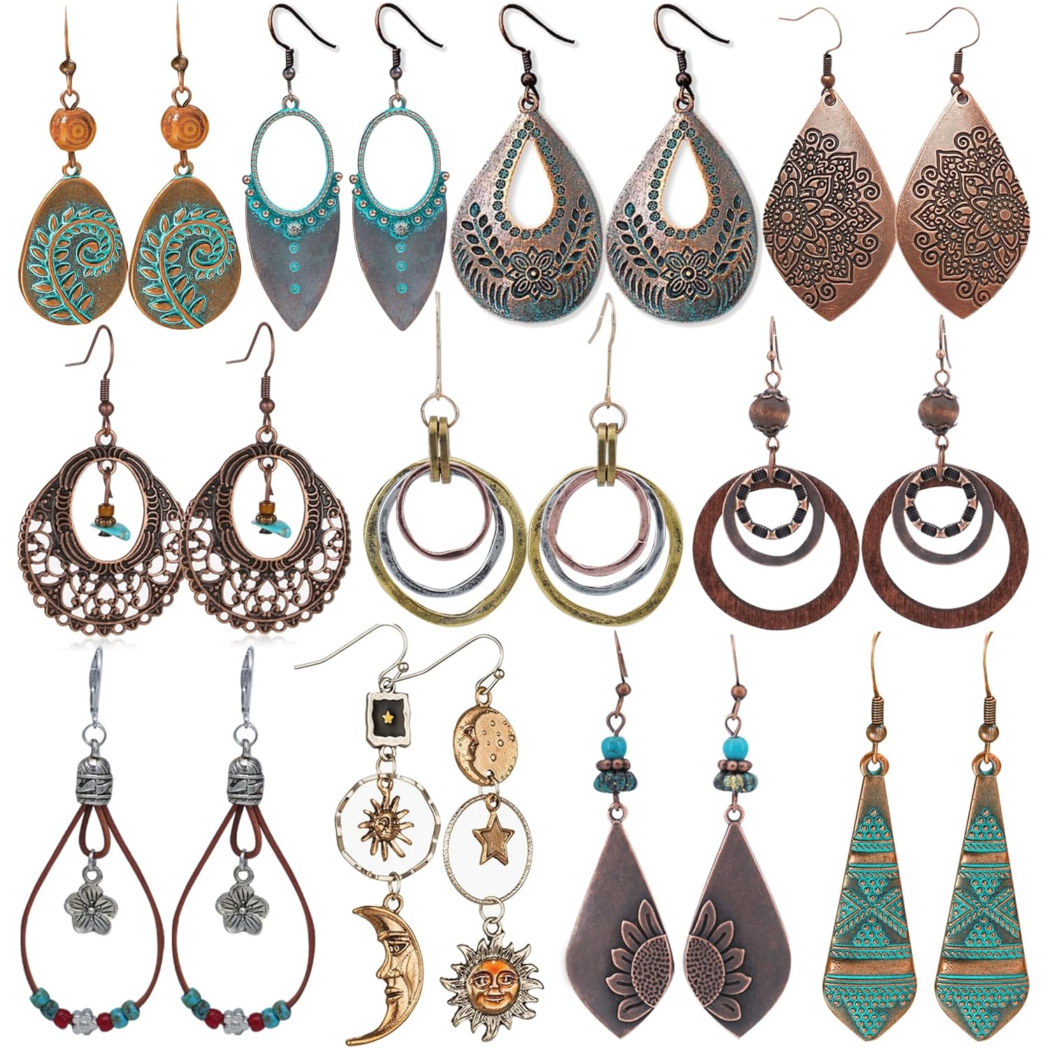 11 Pairs Vintage Drop Dangle Earrings for Women Boho Earring Jewelry Set Retro Flower Dangly Earring Teardrop Sun and Moon Earrings for Mother's Day Christmas