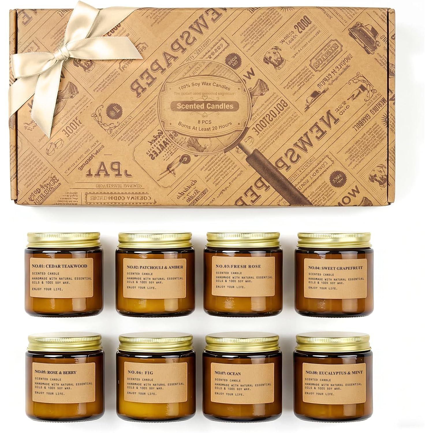 Scented Candles for Home,8 Pack Soy Wax Candle Set,Scented Candles Gift Set,Aromatherapy Candles, Amber Jar Vintage Apothecary Style, 8 Scents Gift Set