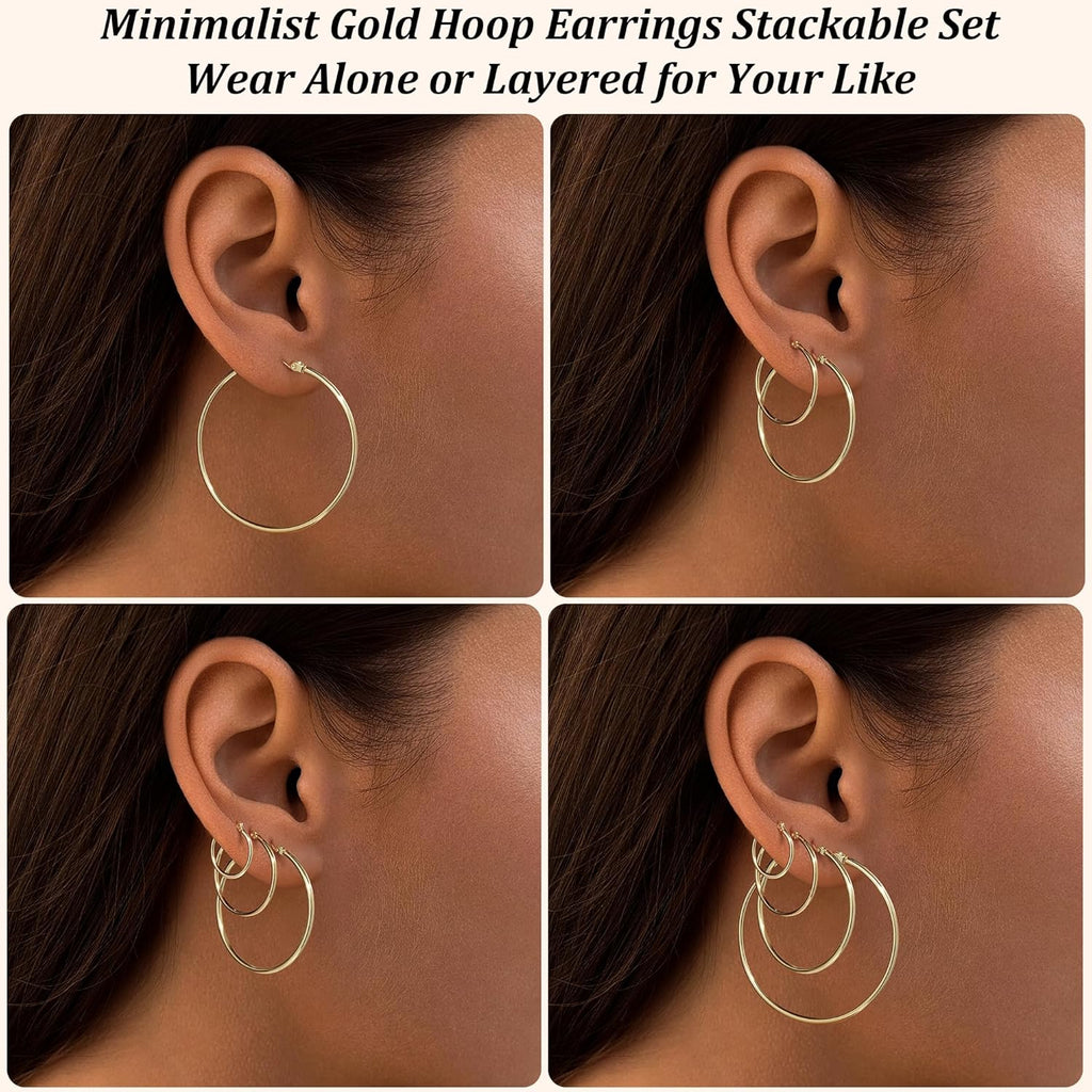 Gokeey Gold Hoop Earrings Set for Women,14k Gold Plated Gold Hoops with Sterling Silver Post Hypoallergenic Thin Hoop Gold Earrings for Girls Trendy Jewelry Gifts
