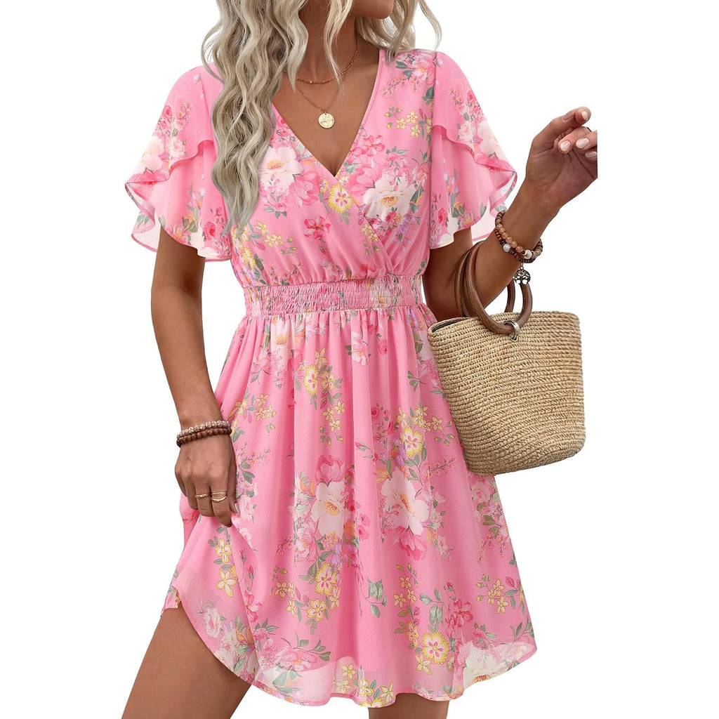 Womens Summer Ruffle Short Sleeve Dress V Neck Flowy Chiffon Layers Boho Dresses