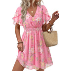 Womens Summer Ruffle Short Sleeve Dress V Neck Flowy Chiffon Layers Boho Dresses