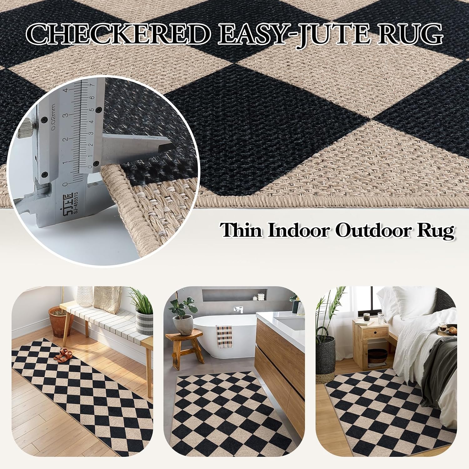 Lahome Checkered Easy Jute 3X5 Entryway Front Porch Rug, Black Diamond Indoor Outdoor Patio Layering Rug, Washable Farmhouse Neutral Non Slip Non Shedding Door Carpet For Backyard Blacony