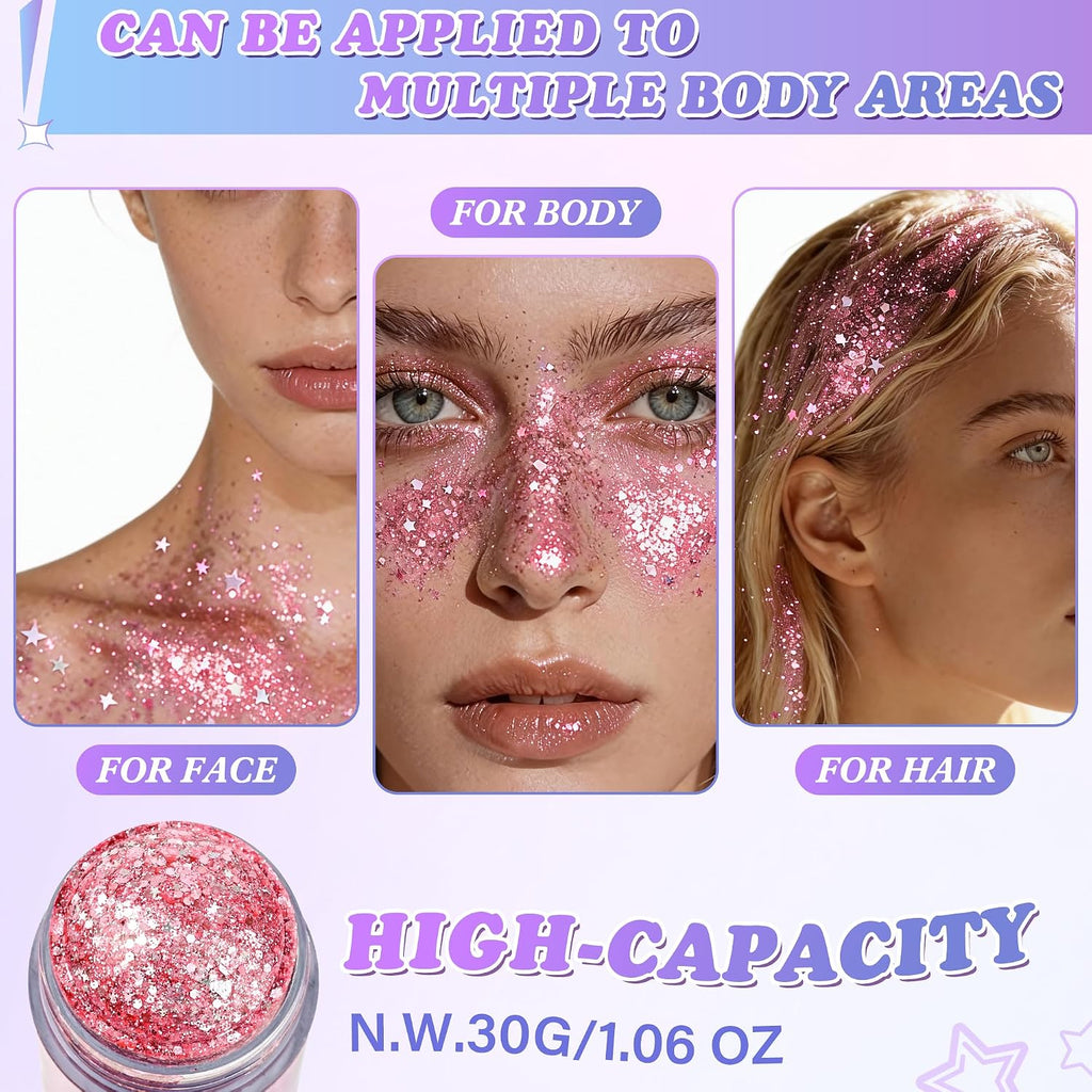 Pink Hair Face Body Glitter Stick For Sparkling Makeup, Holographic Chunky Mermaid Sequins Fairy Glitter Stick For Singer Concerts Mardi Gras Outfit Rave Accessories, 1.06 Oz, #4
