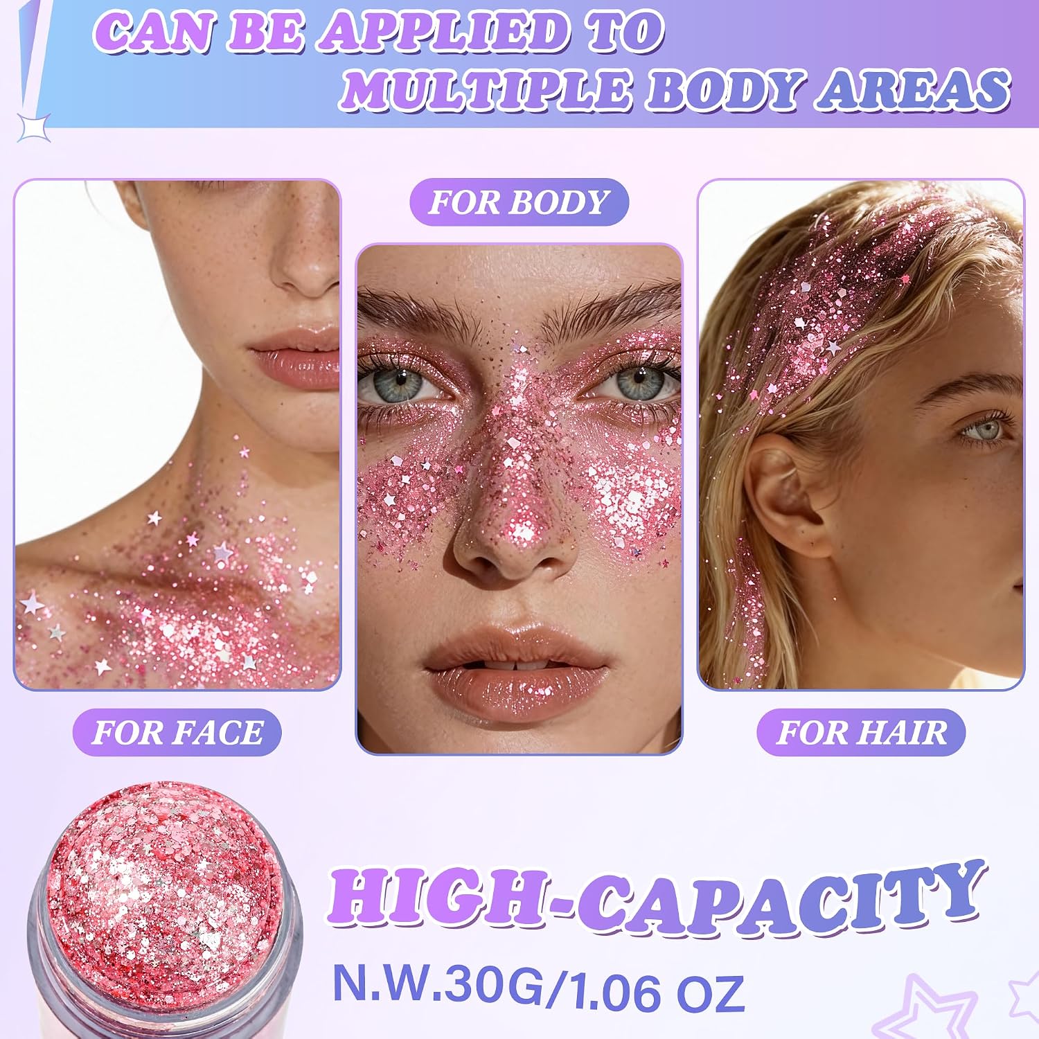 Pink Hair Face Body Glitter Stick For Sparkling Makeup, Holographic Chunky Mermaid Sequins Fairy Glitter Stick For Singer Concerts Mardi Gras Outfit Rave Accessories, 1.06 Oz, #4