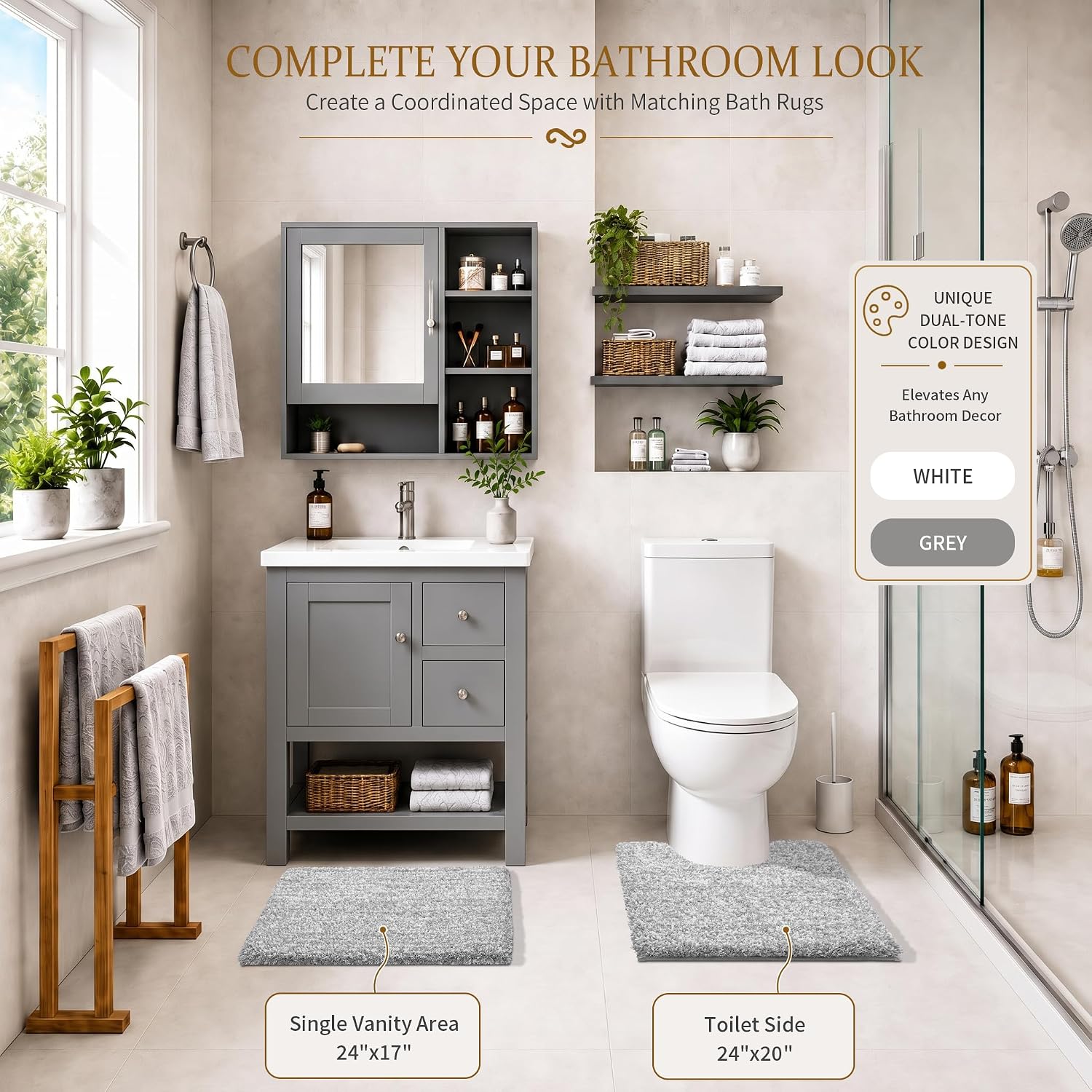 Yimobra Bathroom Rugs Non Slip Washable, Ultra Soft And Water Absorbent Bath Mats, Fluffy Shower Mat Outside, Plush Matts For Bathroom Floor/Sink, 24X17, Home Decor Accessories, Light Gray And White