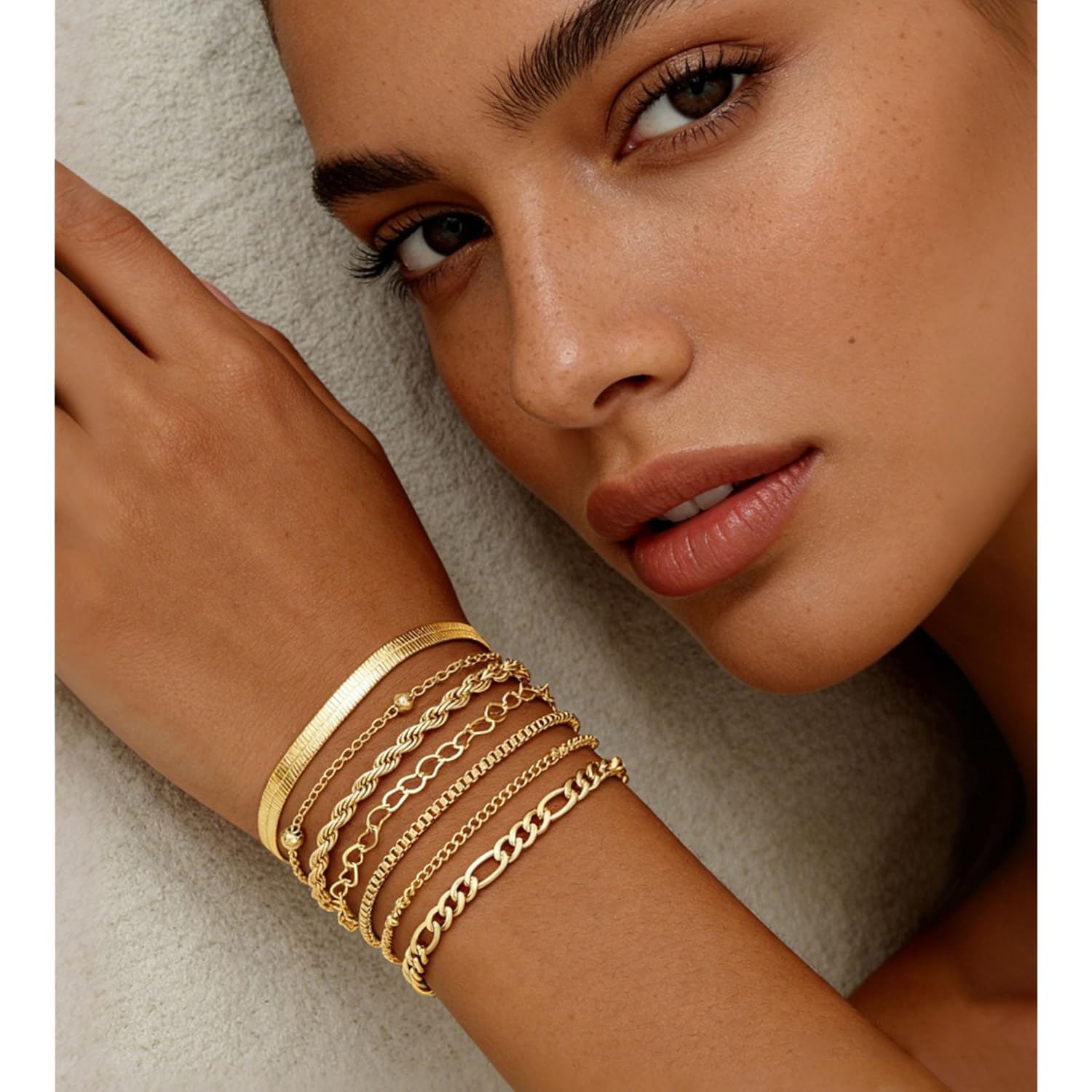 10 Pcs Gold Bracelets Set for Women, 14K Gold Plated Stackable Cuban Link Paperclip Chain Bracelet Pack, Dainty Gold Bracelets Stack Jewelry Gift