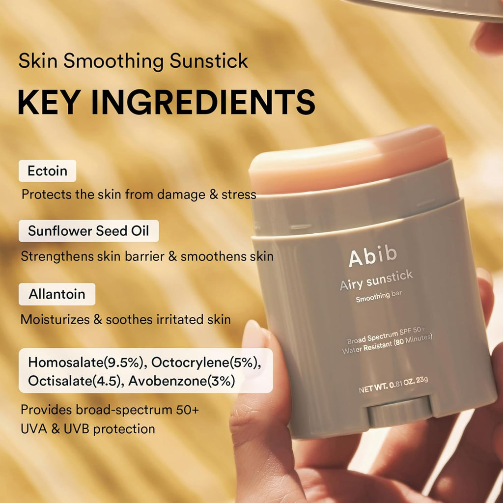 Abib Airy Sunstick Protection Bar Spf50+ Broad Spectrum, Semi-Matte Sunscreen Stick For Oily & Combination Skin, No White Cast, Water-Resistant, Korean Sunscreen, 0.81 Oz / 23 G