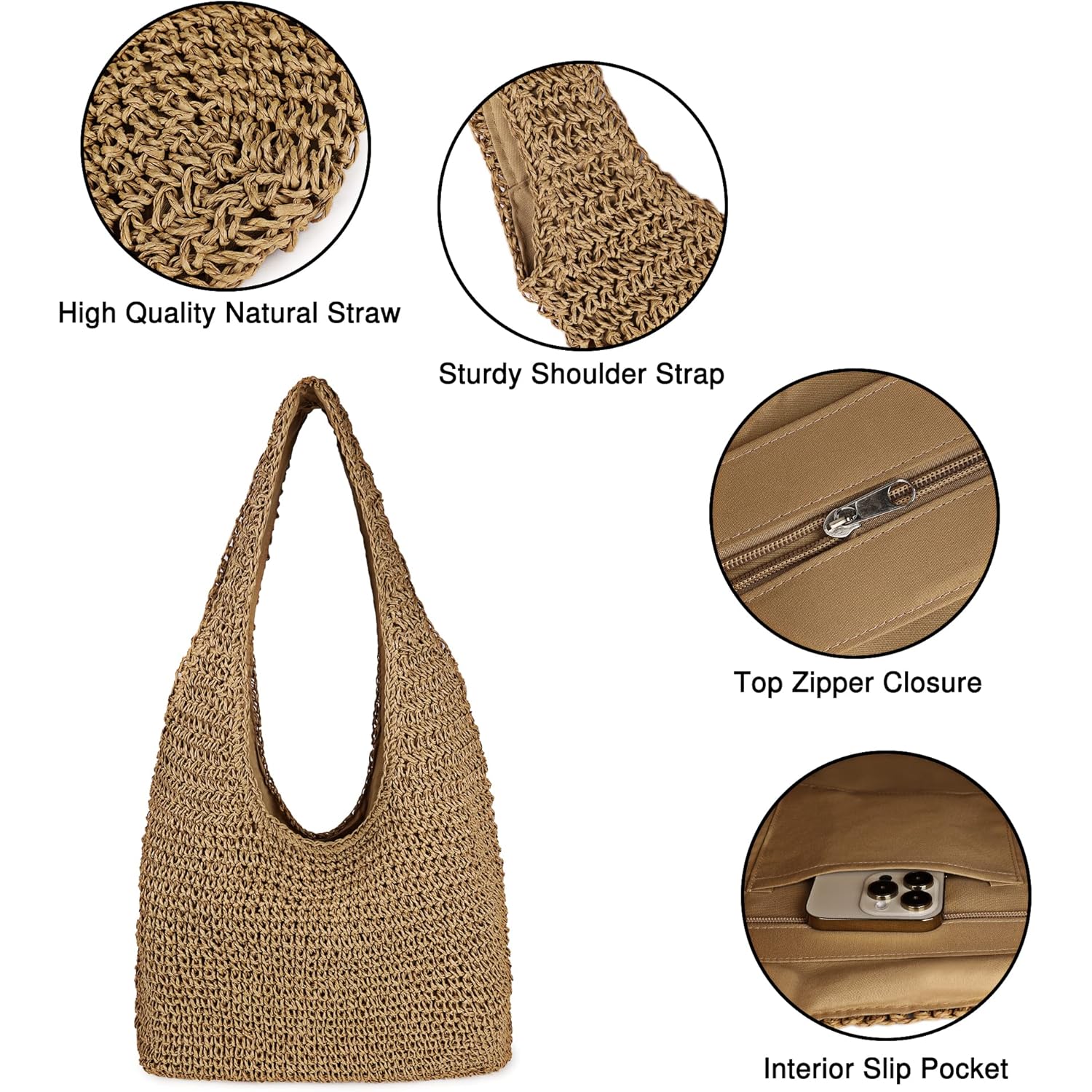Women Large Straw Beach Bag Handmade Woven Shoulder Bags Hobo Tote Handbag Purse for Summer