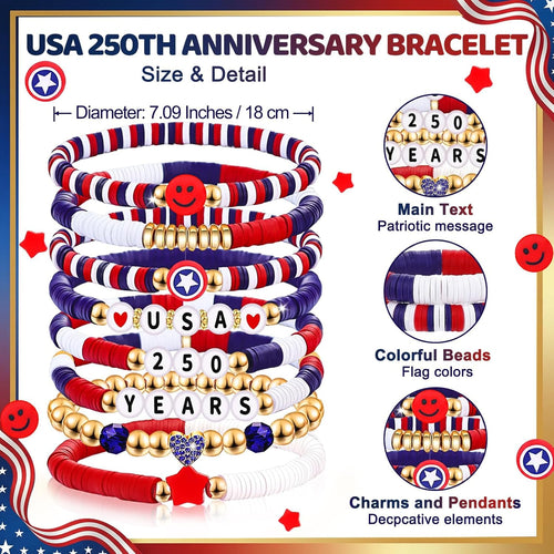 4th of July Accessories for Women Men Teens Red White Blue Clay Beaded Stackable Stretch Bracelets USA Patriotic Jewelry Fourth of July Gifts