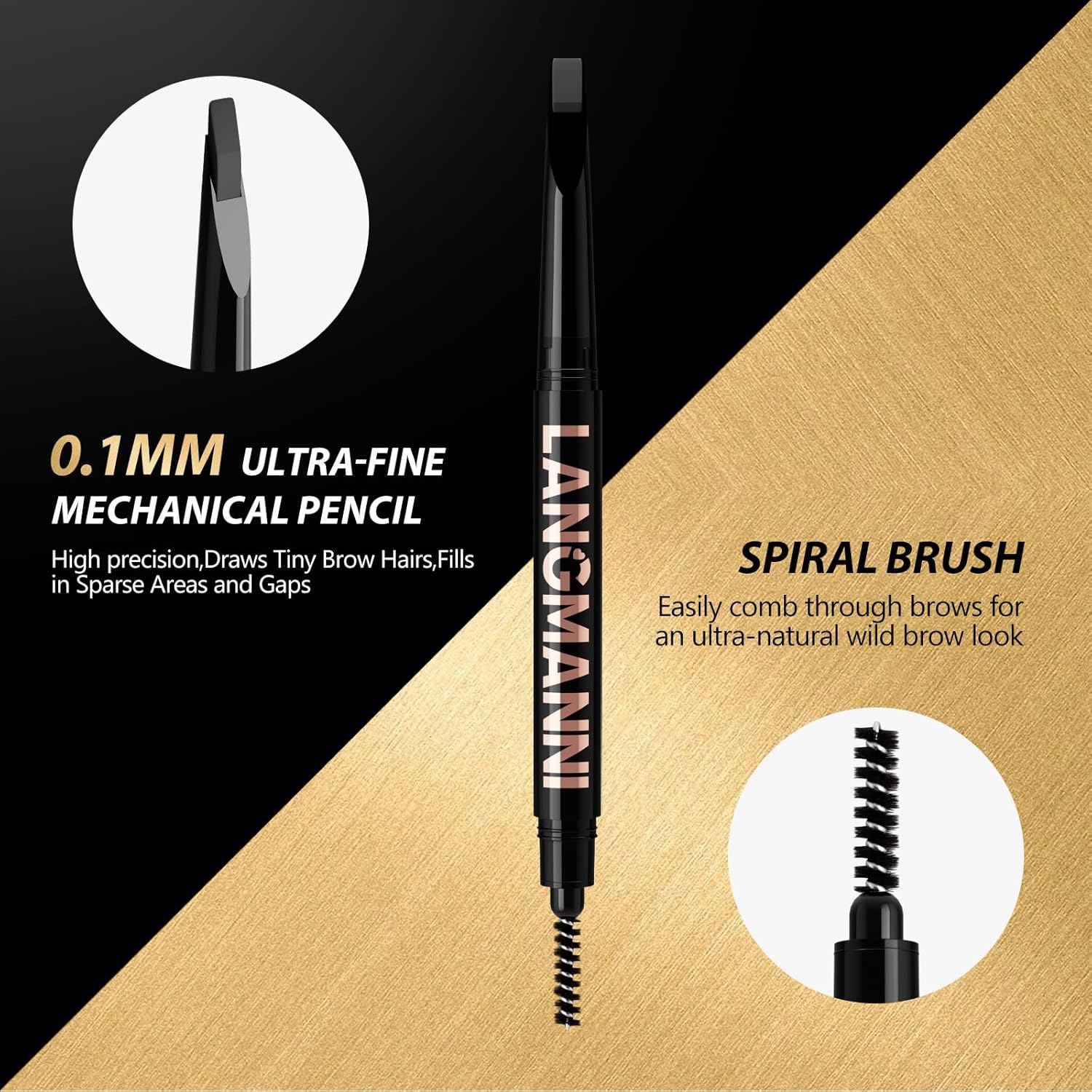 LANGMANNI Dual-Ended Eyebrow Pencil & Spoolie Brush | Ultra-Fine Tip Sculpting Pencil with Blending Brush For Natural Hair-Like Strokes & Groomed Brows (#03 Black)