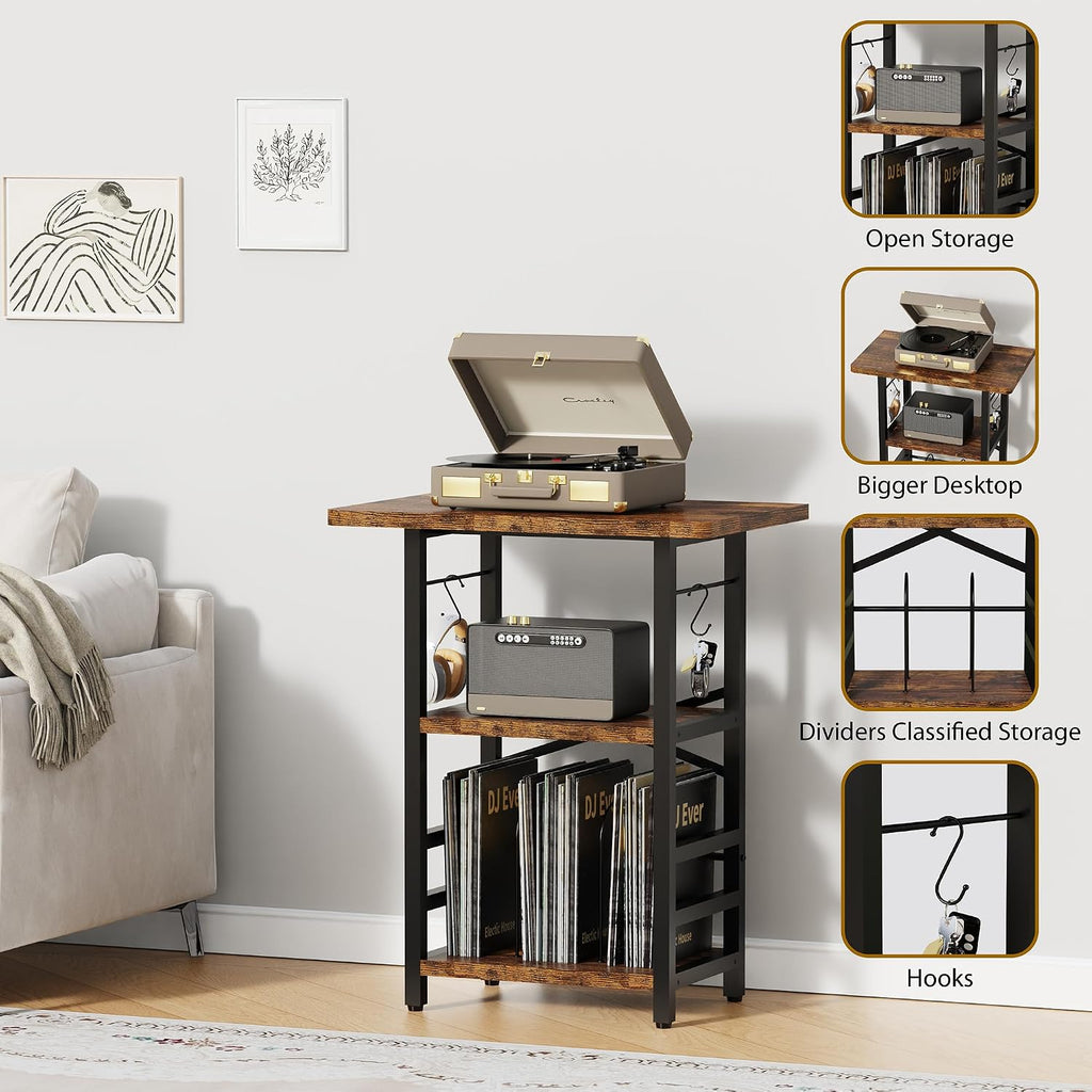 Record Player Stand With Extended Desktop,Large Record Player Table With Vinyl Storage,Tall Turntable Stand With Record Holder Vinyls Display Shelf For Music Room Studio, Rustic Brown