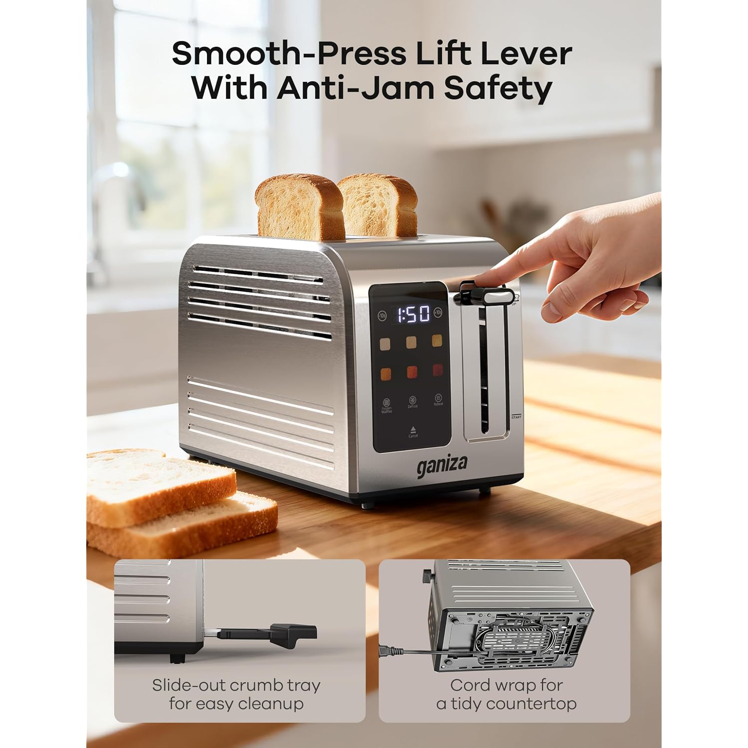 Ganiza Smart Toaster 2 Slice With Touchscreen, Digital Countdown Timer, Touch Screen Toaster Wide Slot, Full Stainless Steel, Defrost Reheat Cancel, +/-10S Fine-Tune, Removable Crumb Tray, Max 925W