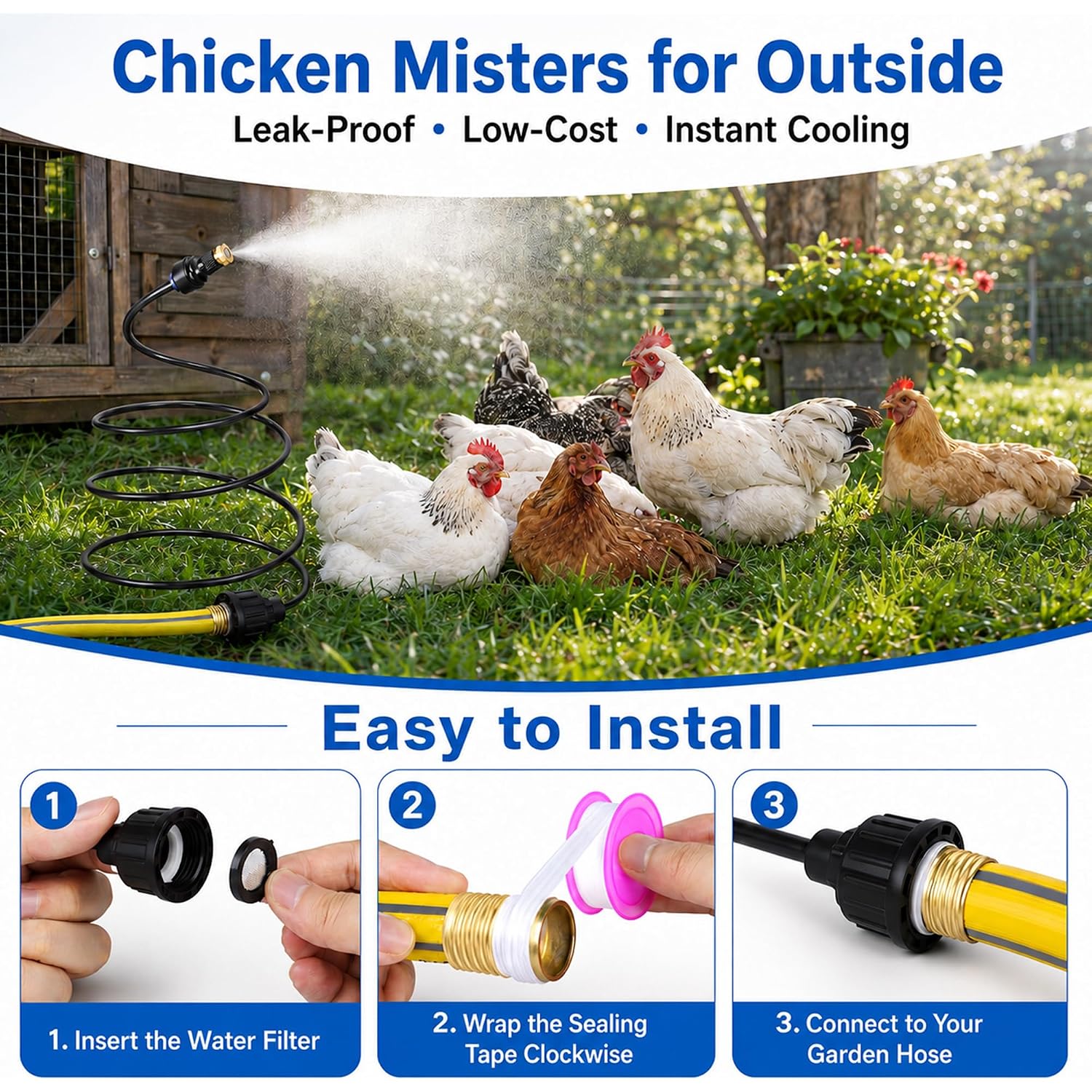 Hose Misters For Outside Patio, 60 Inch Standing Outdoor Misters For Patio Cooling, Hose Misting Sprinkler Cooling System For Chicken Coop, Backyard, Garden, Tanning, Bbq, Pool, And Bird Bath, Black