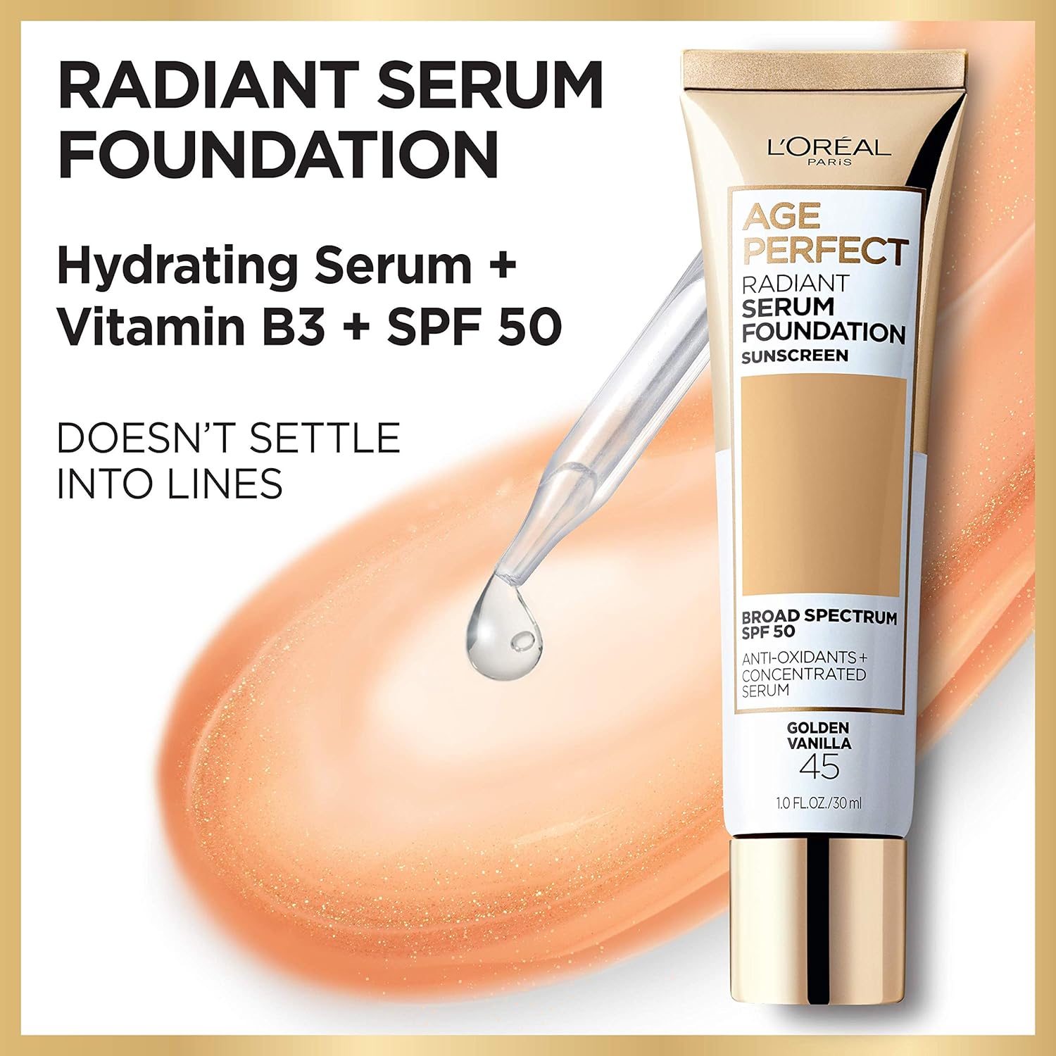 L'Oreal Paris Age Perfect Radiant Serum Foundation with SPF 50, Rose Ivory, 1 Ounce