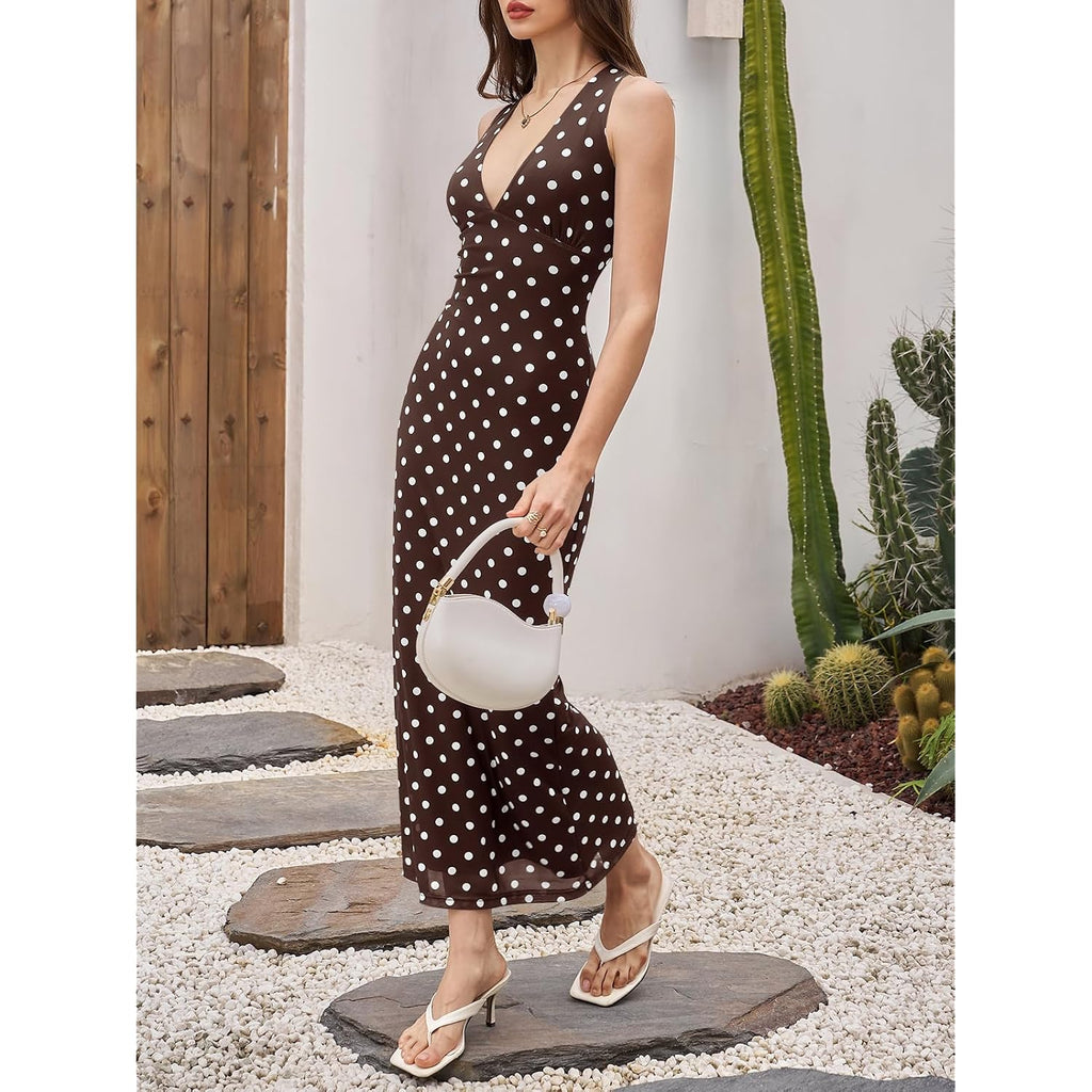 Wenrine Womens Summer Polka Dot Maxi Dress Mesh Wedding Guest Bodycon Sexy V Neck Sleeveless Party Dresses