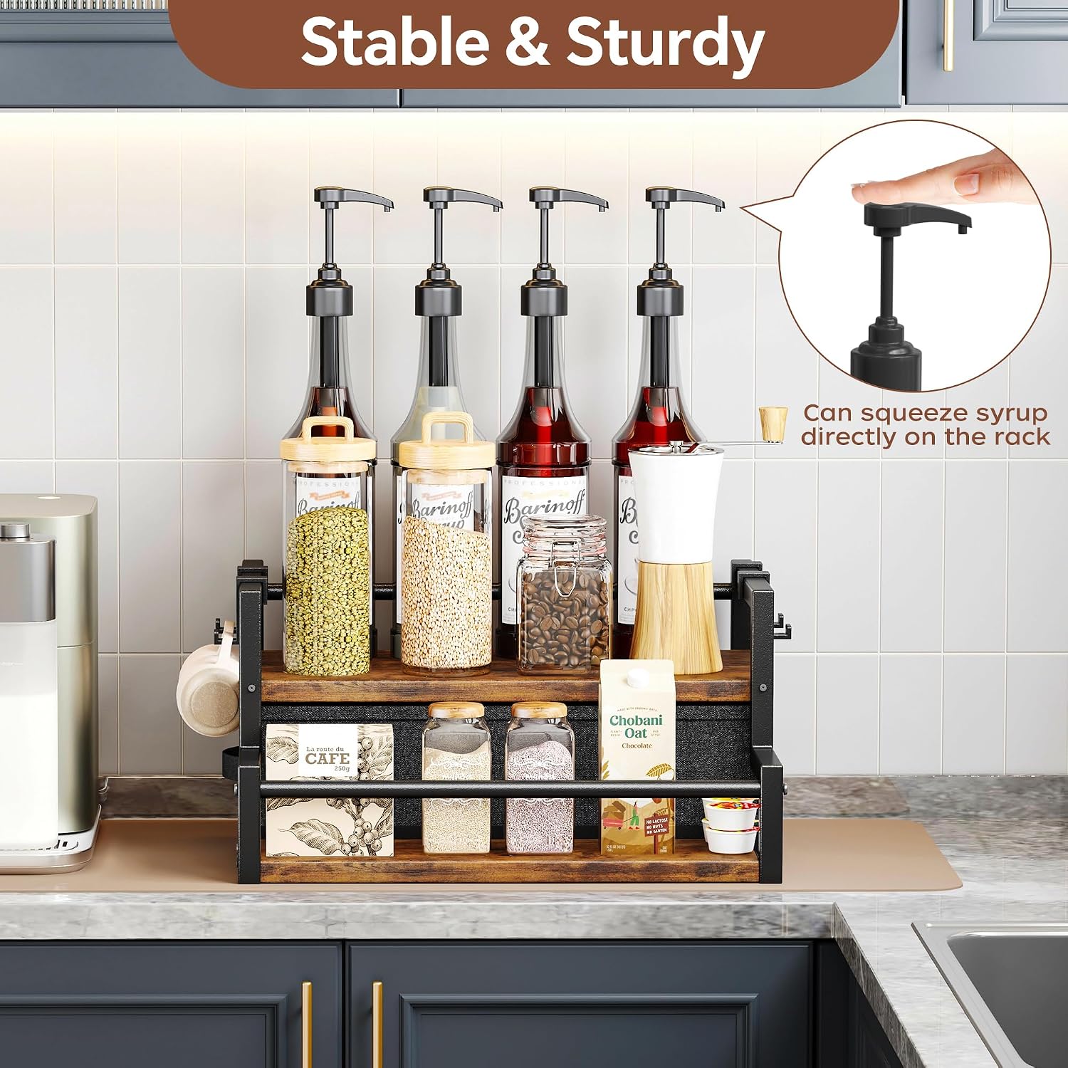 Homeiju Coffee Syrup Organizer Rack, 2-Tier Coffee Bar Accessories, Bottle Holder Stand With K Cup Storage Drawer For Coffee Bar, Wine Rack, Storage Shelves For Syrup. (Rustic Brown)