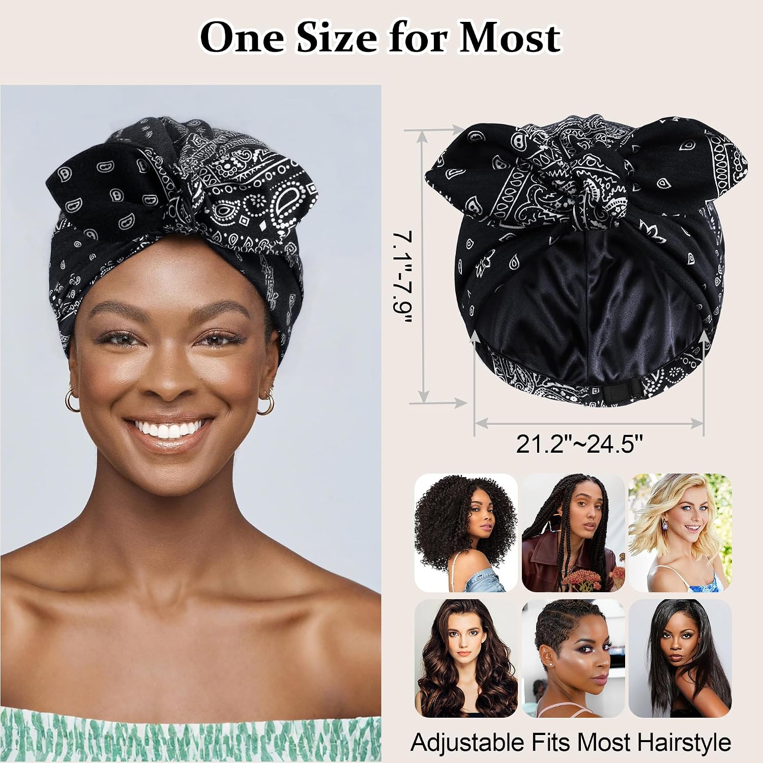 Satin Lined Beanies for Women Chemo Headwear Silky Lined Cotton Sleeping Cap Black