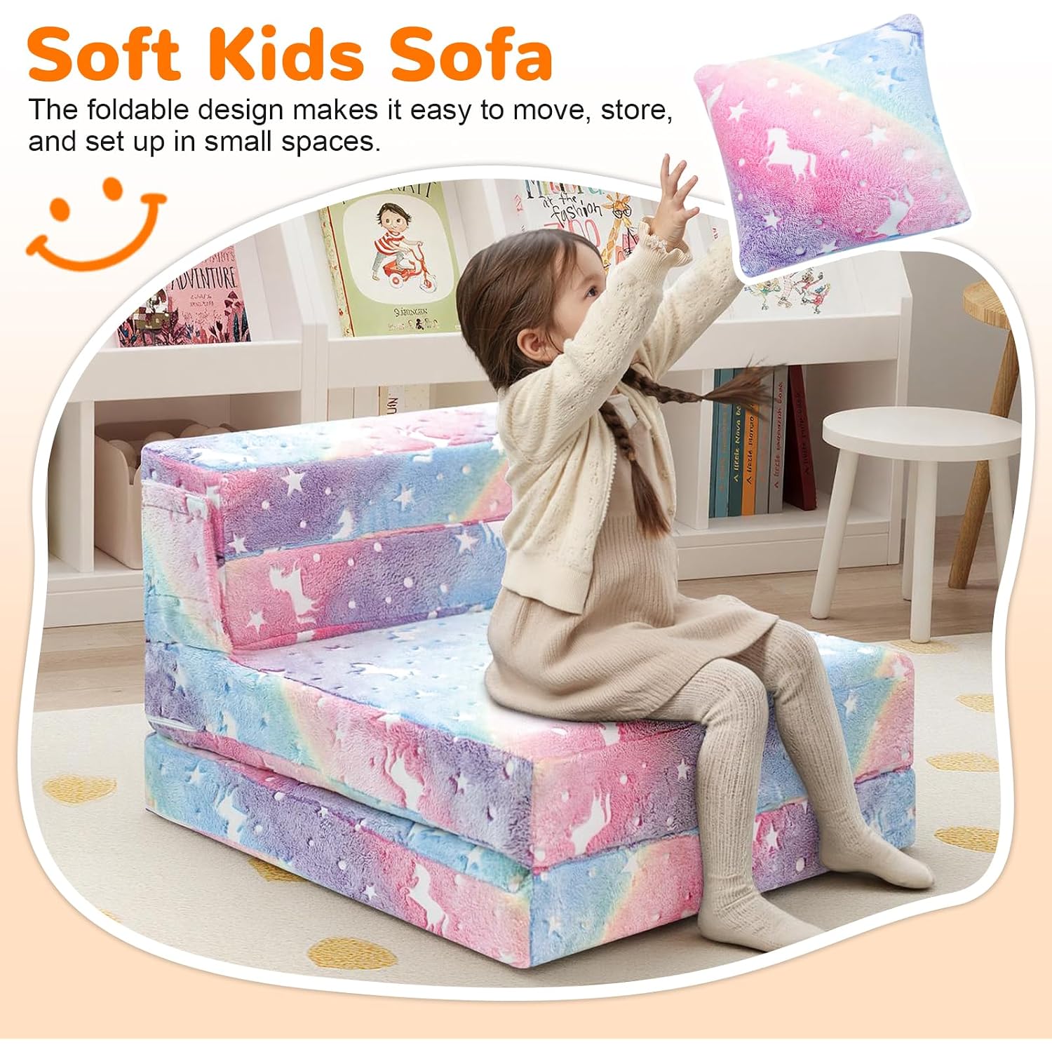 Memorecool Glow Rainbow Unicorn Tri-Fold Sofa Bed For Kids, Foldable Futon Mattress, Chair, And Floor Couch For Playroom