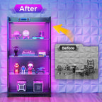 Aodk Display Case With Led Lights, Display Cabinet With Glass Storage Shelves And Industrial Metal Mesh, 4-Tier Display Shelf For Collectibles, Curio Cabinet With Open Shelf, Black Book Shelf