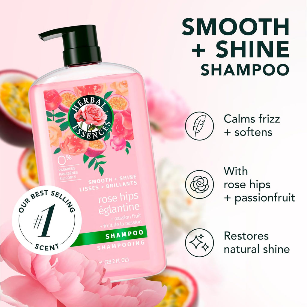 Herbal Essences Shampoo, Rose Hips + Passionfruit - Smooth Collection, Shiny Hair With Vitamin E & Jojoba, Safe For Color Treated Hair, Floral Scent, Cruelty-Free, Dermatologist-Tested, 29.2 Fl Oz