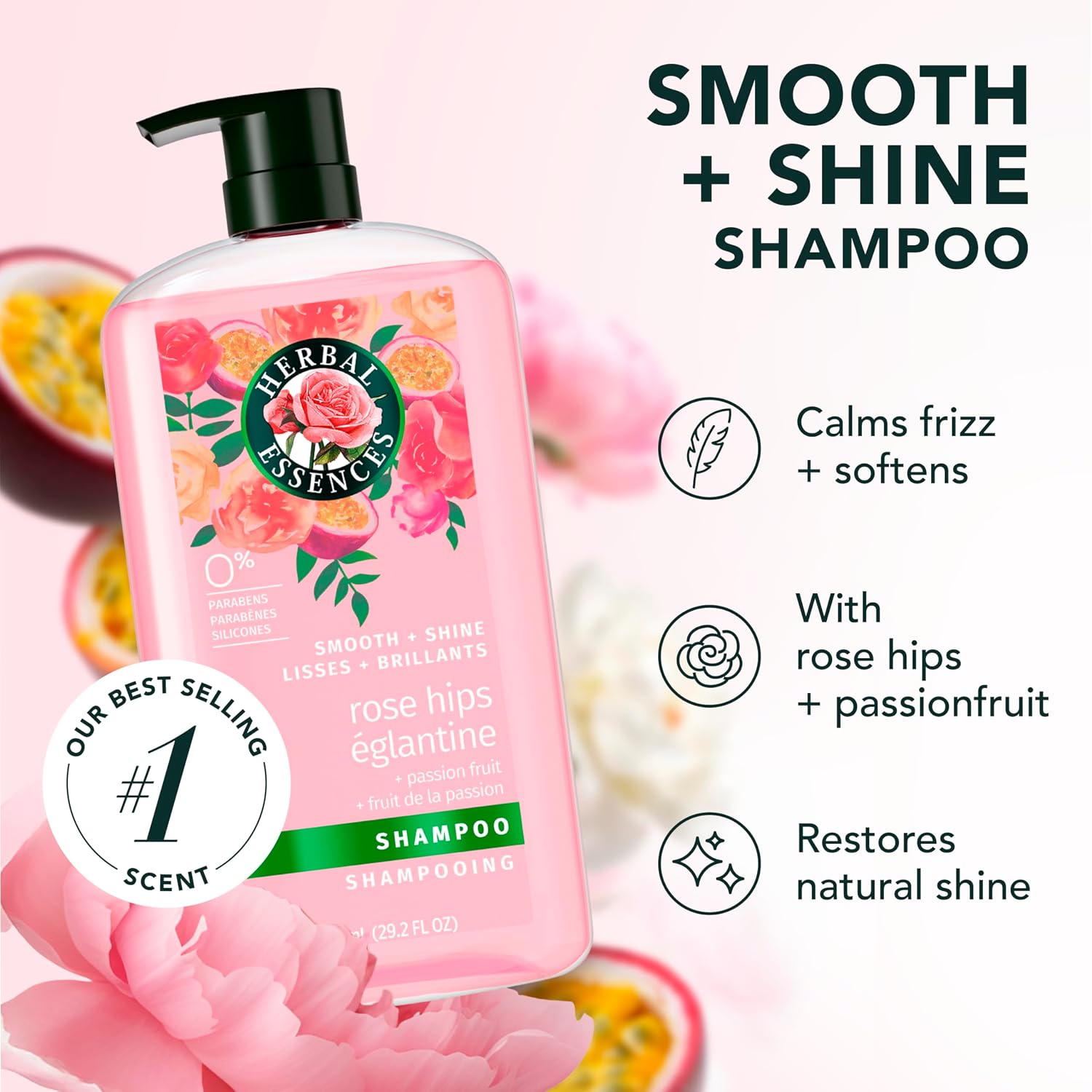 Herbal Essences Shampoo, Rose Hips + Passionfruit - Smooth Collection, Shiny Hair With Vitamin E & Jojoba, Safe For Color Treated Hair, Floral Scent, Cruelty-Free, Dermatologist-Tested, 29.2 Fl Oz