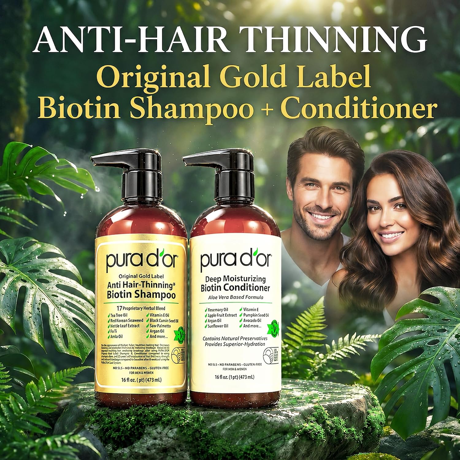 Pura D'Or Anti-Thinning Biotin Shampoo & Hair Regrowth Conditioner, Clinically Tested Effective Results, Thickening Herbal Blend For Women & Men, Original Gold Label Set, Natural Earthy Scent, 16Oz X2