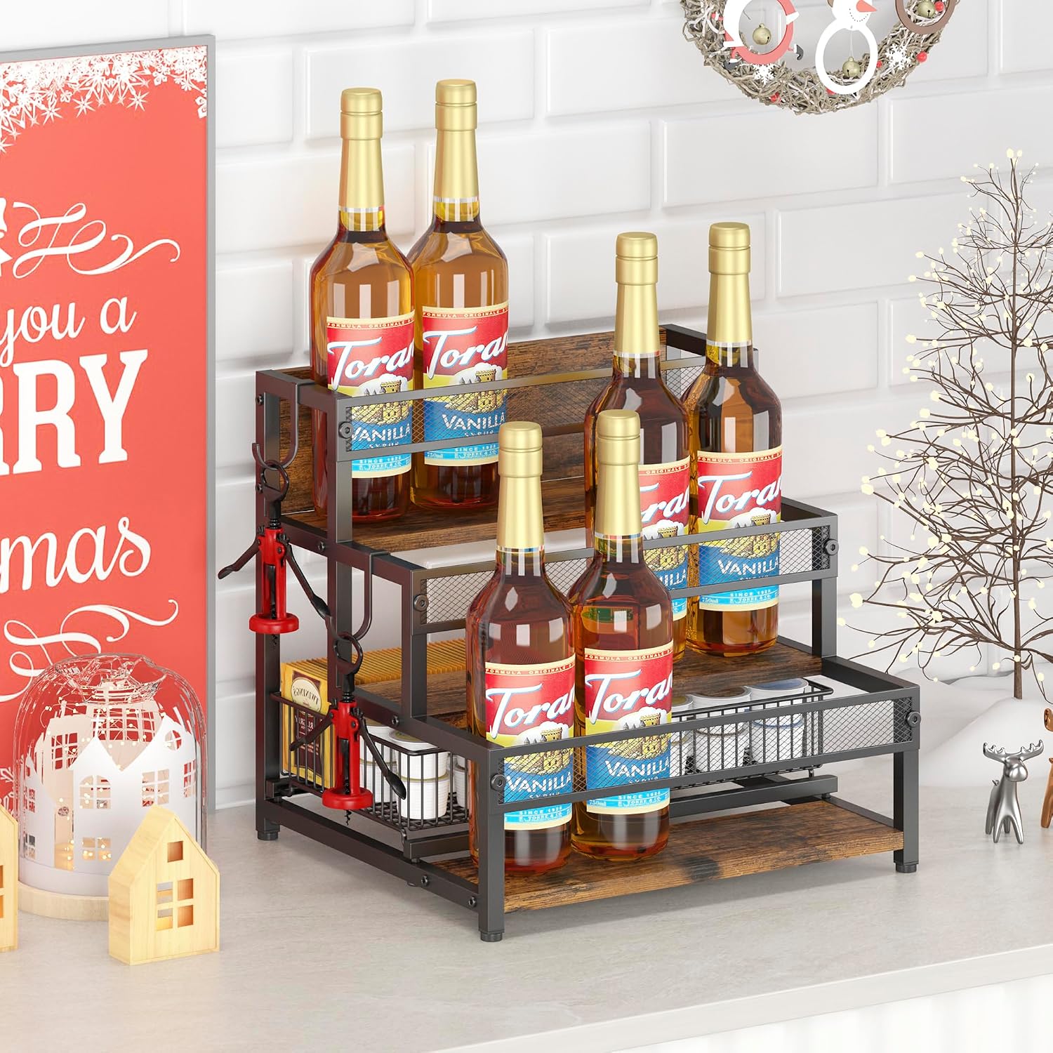 Loteyike 3 Tier Coffee Syrup Rack Organizer, 12 Water Bottles Holder Stand Liquor Cabinet Storage, Wine Rack Countertop Storage Rack Coffee Bar Cabinet For Kitchen