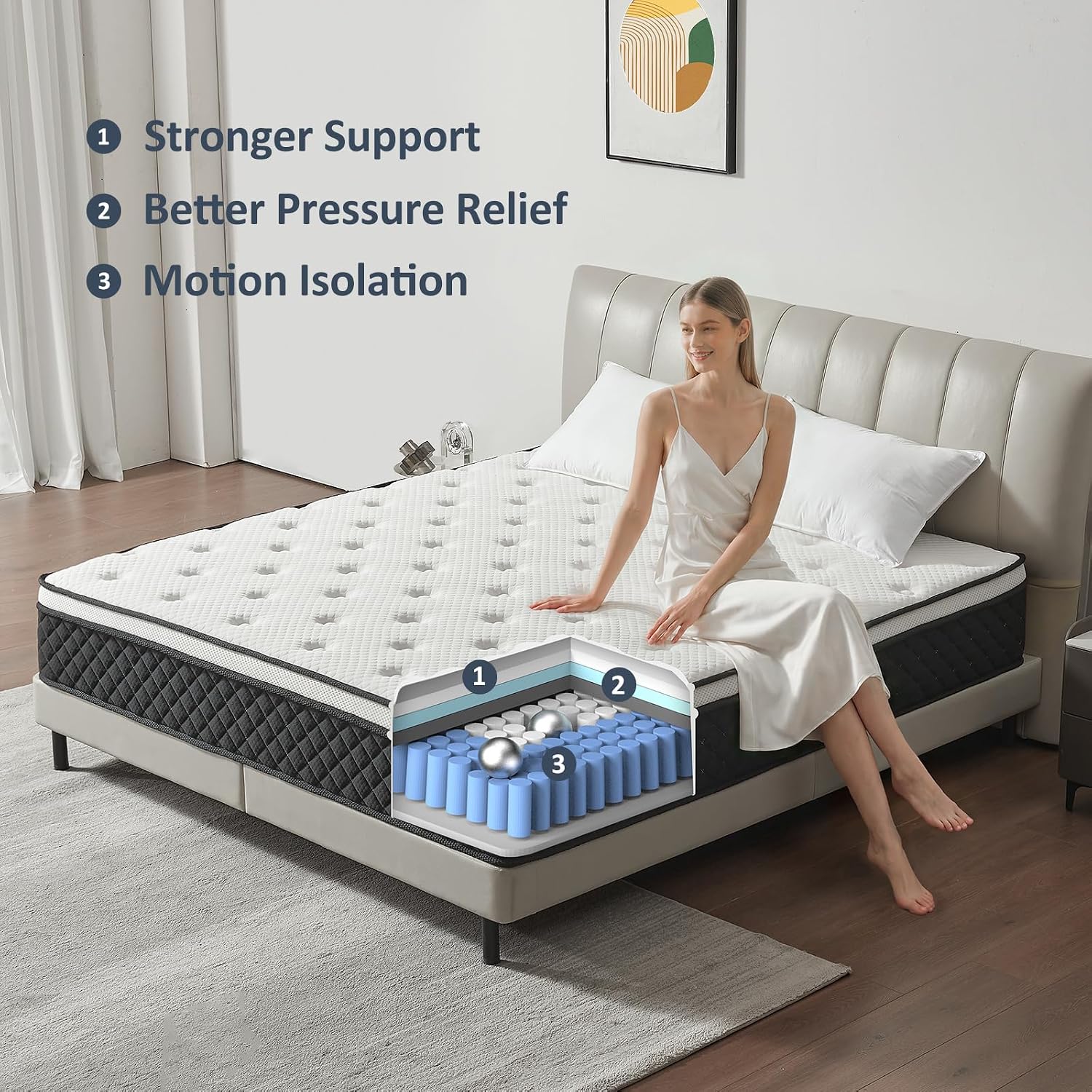 Queen Mattress, 12 Inch Queen Size Mattress In A Box, Memory Foam Mattress With Pocket Springs, Medium Firm, Lumbar Support & Motion Isolation, Pressure Relief & Breathable Comfort