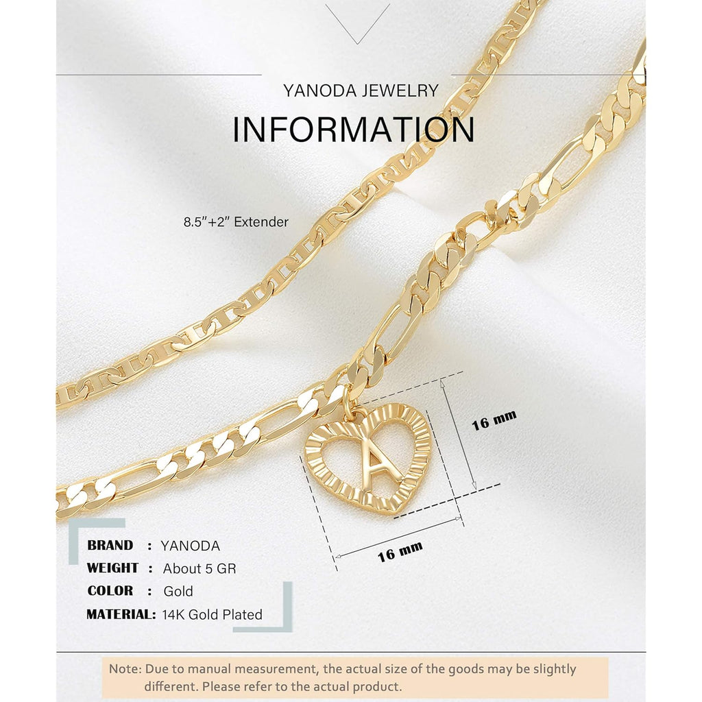 YANODA Initial Ankle Bracelets for Women 14K Gold Plated Layered Figaro Chain Letter Initial Anklets Handmade Layered Heart Ankle Bracelets Personalized Jewelry for Women