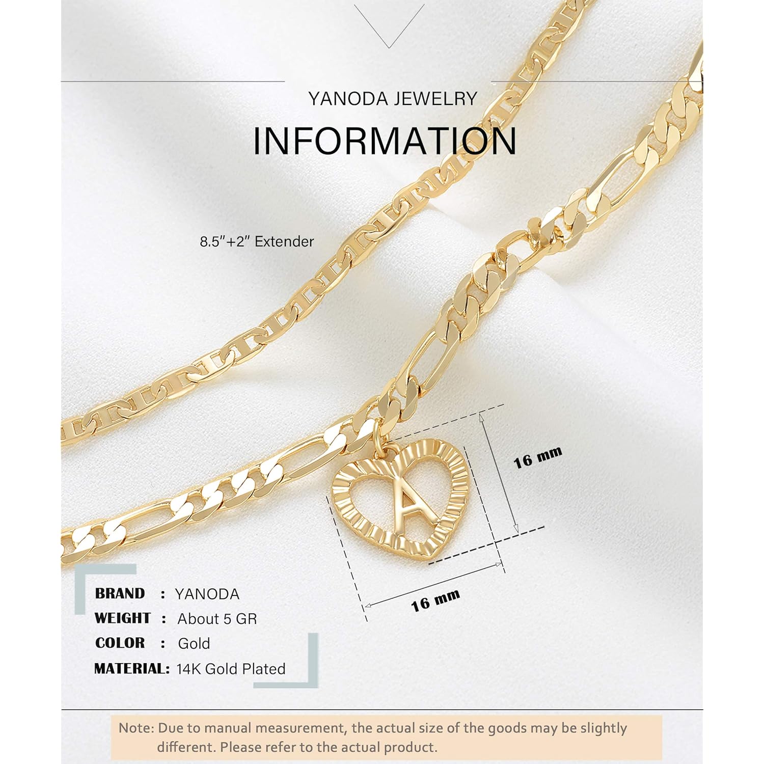 YANODA Initial Ankle Bracelets for Women 14K Gold Plated Layered Figaro Chain Letter Initial Anklets Handmade Layered Heart Ankle Bracelets Personalized Jewelry for Women