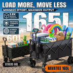 330Lbs Collapsible Folding Wagon, Beach Wagon Cart Heavy Duty Foldable With Big Wheels, Utility Grocery Wagon With 165L Large Capacity For Camping Garden Sports, Black
