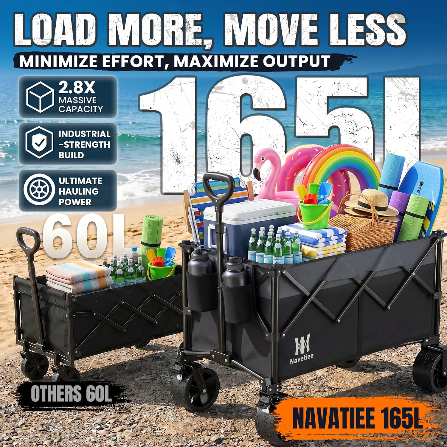 330Lbs Collapsible Folding Wagon, Beach Wagon Cart Heavy Duty Foldable With Big Wheels, Utility Grocery Wagon With 165L Large Capacity For Camping Garden Sports, Black