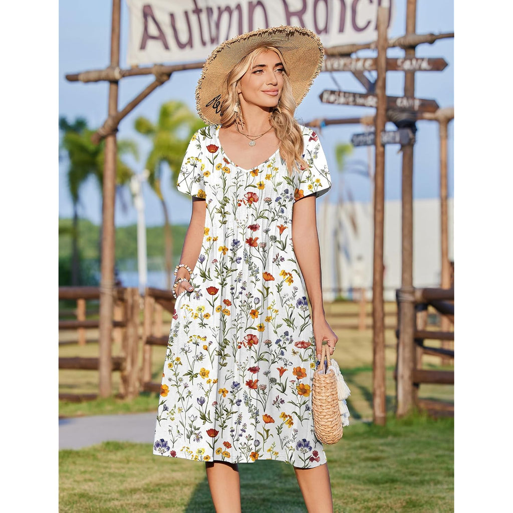 Zeagoo Womens Casual Summer Dress 2026 Short Sleeve Dresses Pleats Midi A Line Flowy Dress Boho Beach Sundress With Pockets