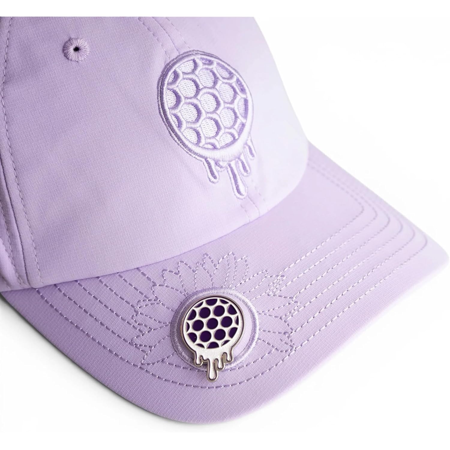 Ladies 6 Panel Unstructured Open Back Golf Hat - Snapback - Tee Holder With Tees & Bill Magnet With Ball Marker
