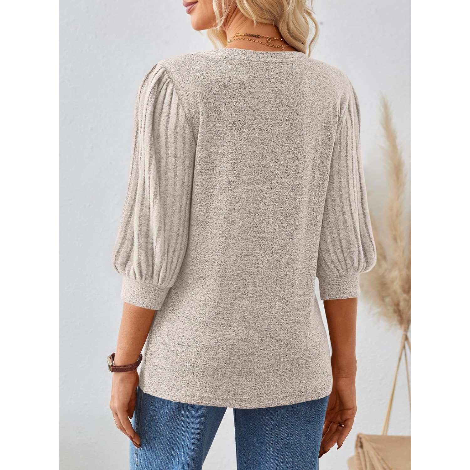 Automet Womens 3/4 Length Puff Sleeve Tops Business Casual Dressy Work Blouses